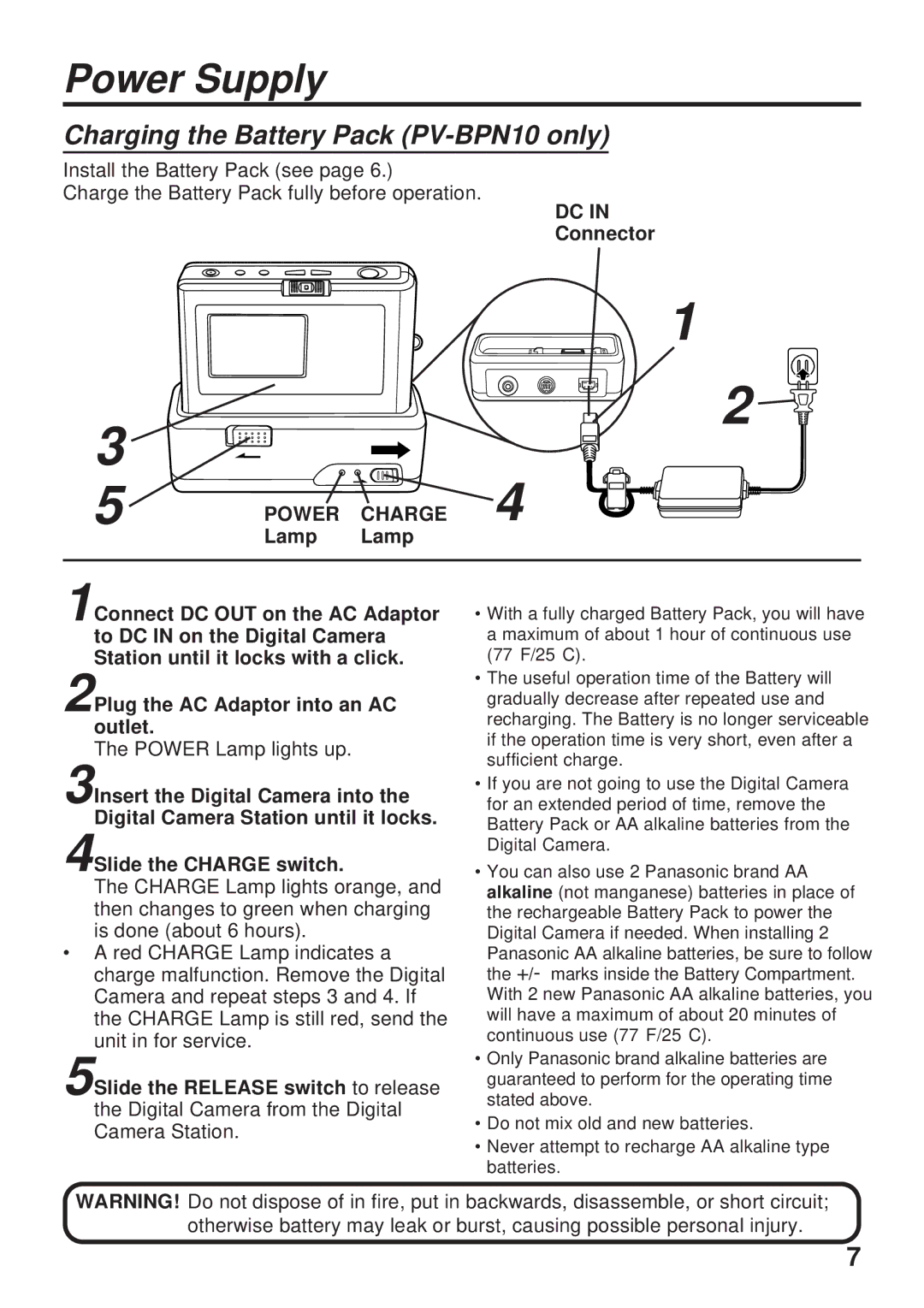 Panasonic PV-DC1000 operating instructions Charging the Battery Pack PV-BPN10 only, Power Charge 