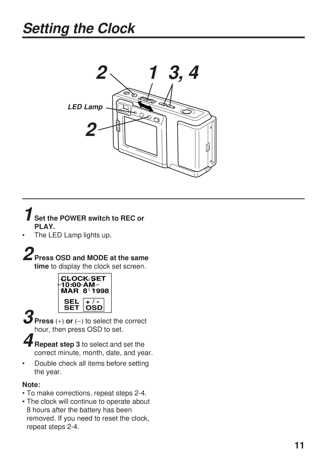 Panasonic PV-DC1580 operating instructions Setting the Clock, Set the Power switch to REC or Play 