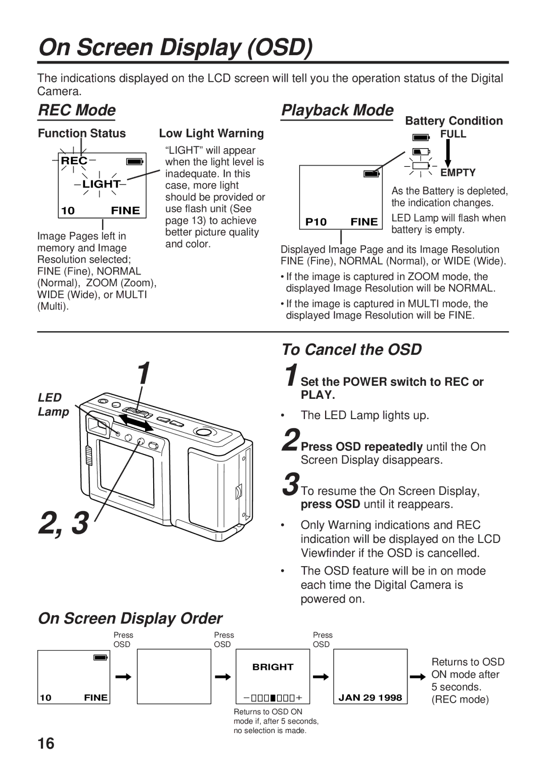 Panasonic PV-DC1580 On Screen Display OSD, REC Mode, Playback Mode, To Cancel the OSD, On Screen Display Order 