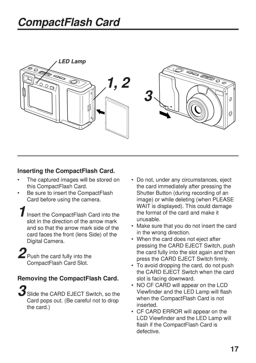 Panasonic PV-DC1580 operating instructions Inserting the CompactFlash Card, Removing the CompactFlash Card 