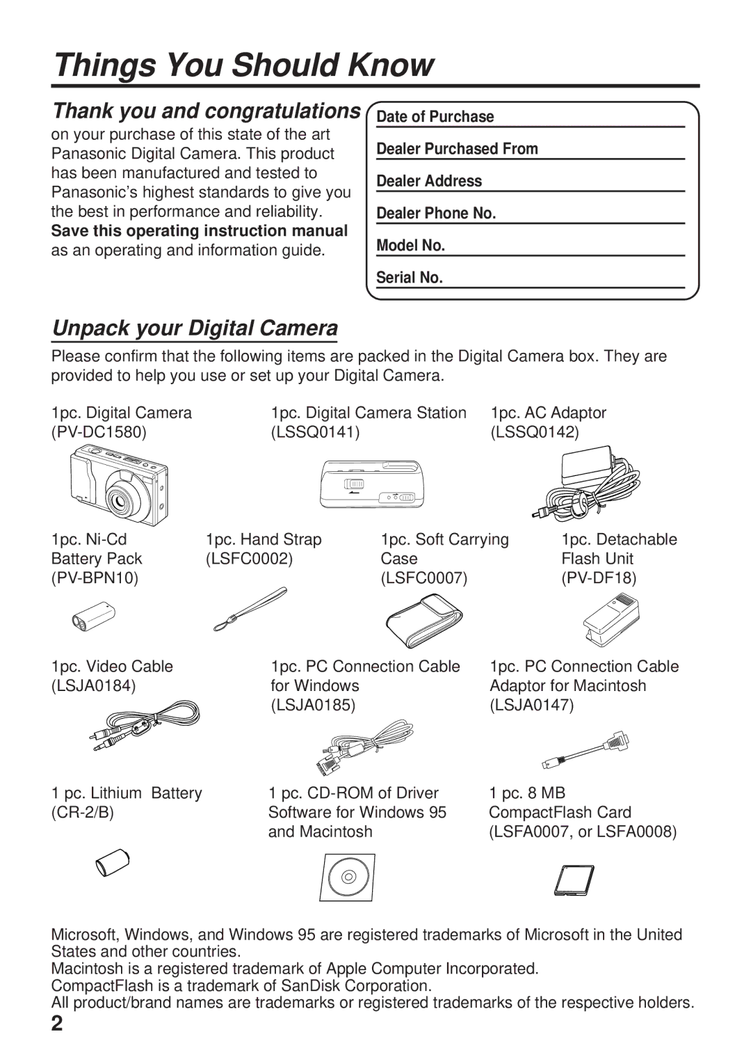 Panasonic PV-DC1580 Things You Should Know, Thank you and congratulations, Unpack your Digital Camera 