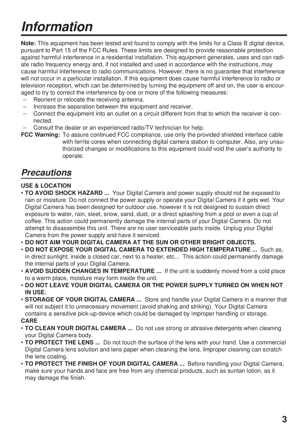 Panasonic PV-DC1580 operating instructions Information, Precautions 