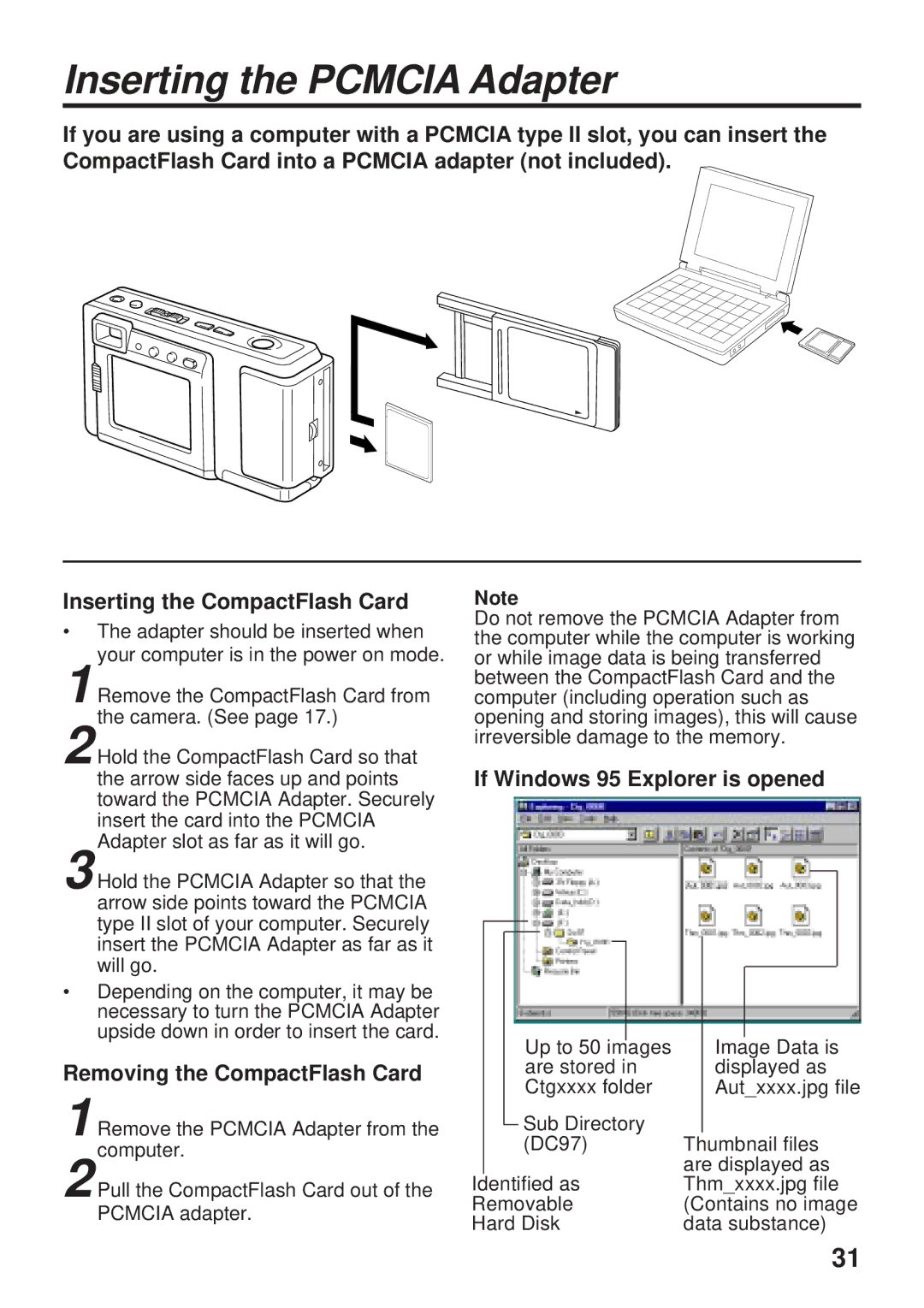 Panasonic PV-DC1580 operating instructions Inserting the Pcmcia Adapter, If Windows 95 Explorer is opened 