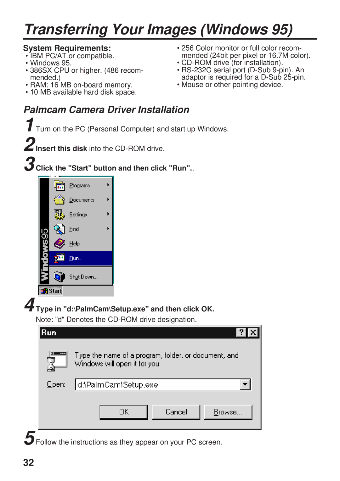 Panasonic PV-DC1580 Transferring Your Images Windows, Palmcam Camera Driver Installation, System Requirements 