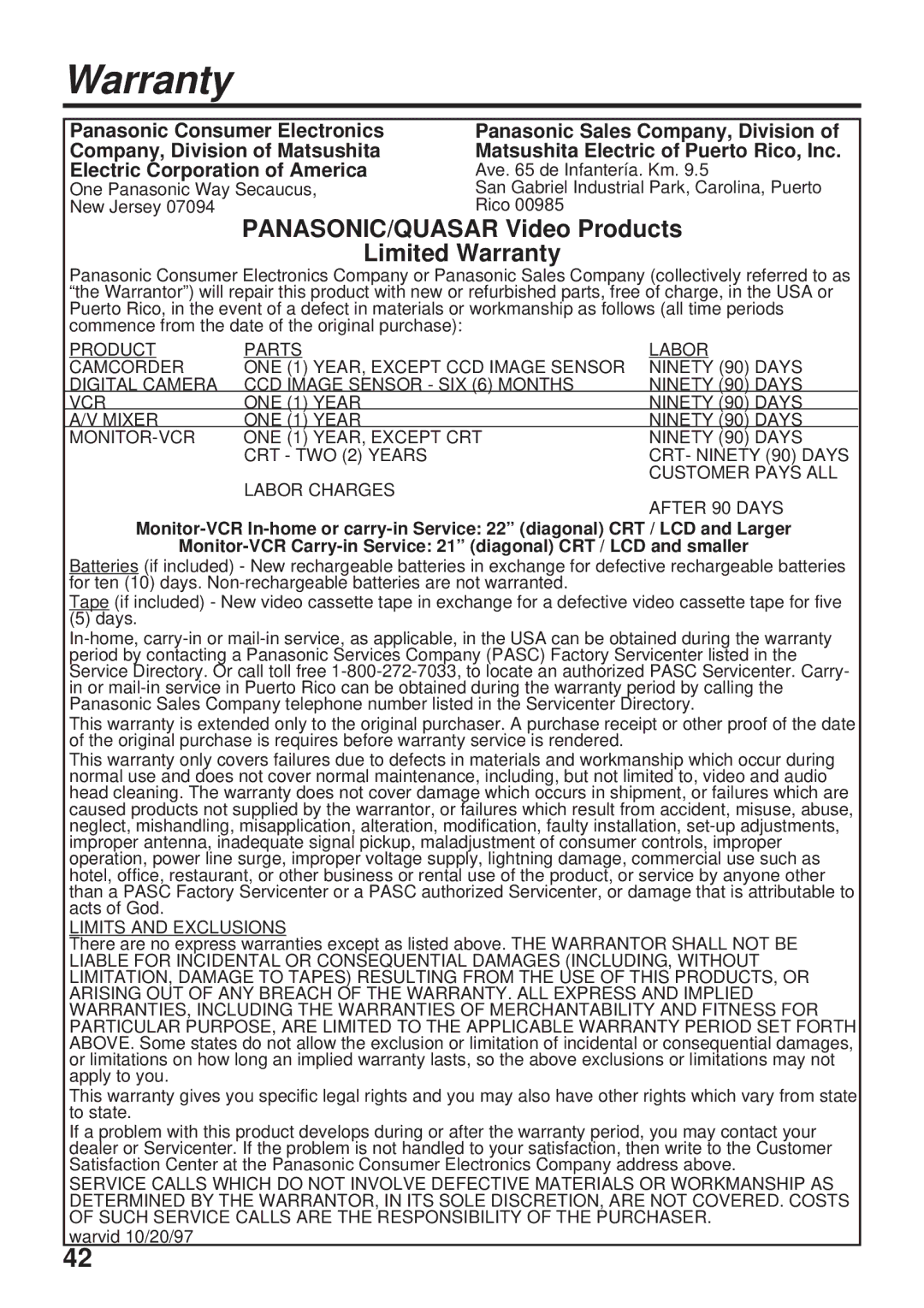 Panasonic PV-DC1580 operating instructions PANASONIC/QUASAR Video Products Limited Warranty 