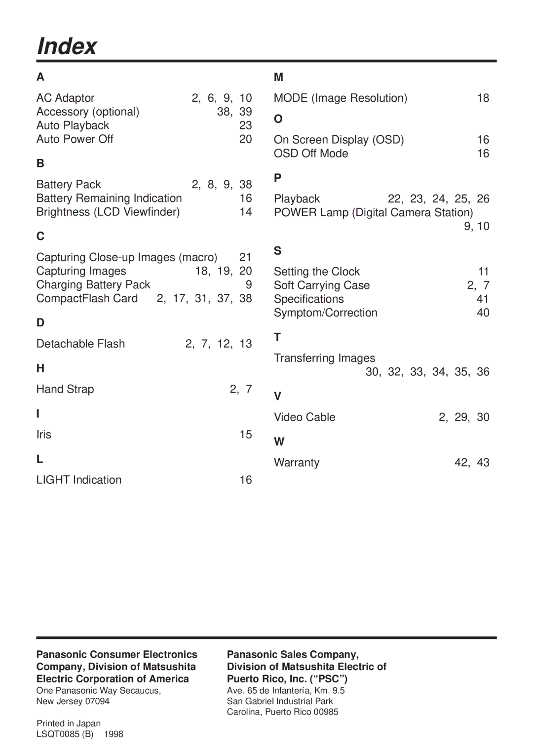 Panasonic PV-DC1580 operating instructions Index, Electric Corporation of America Puerto Rico, Inc. PSC 