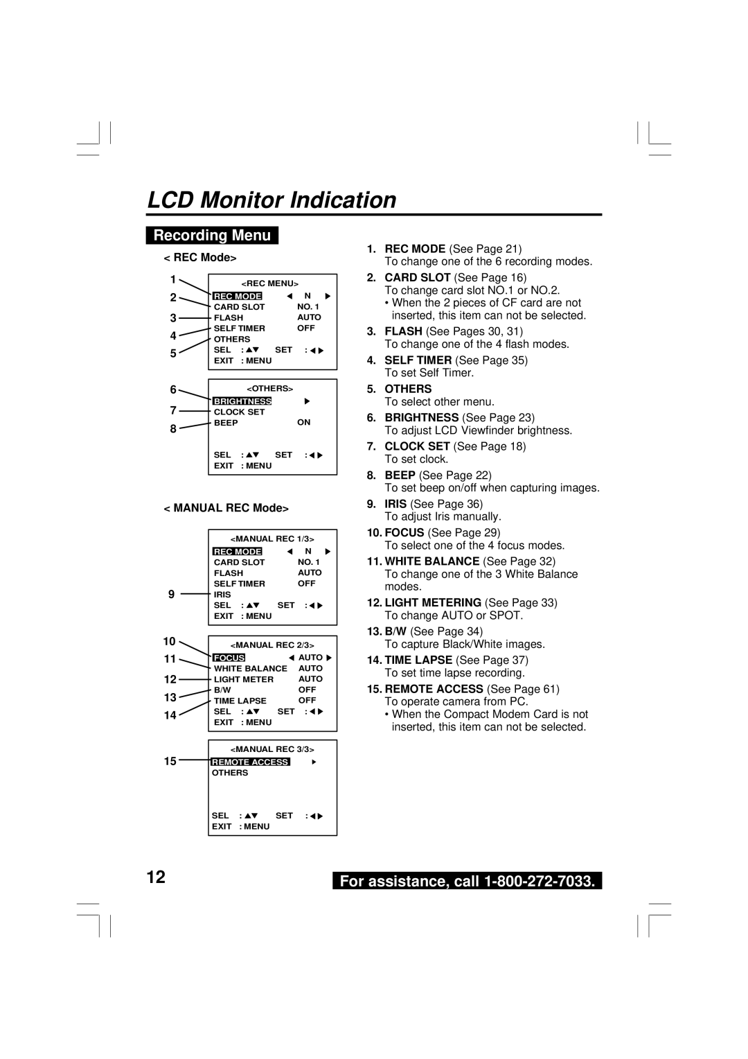 Panasonic PV-DC2590, PV-DC2090 operating instructions LCD Monitor Indication, Recording Menu 