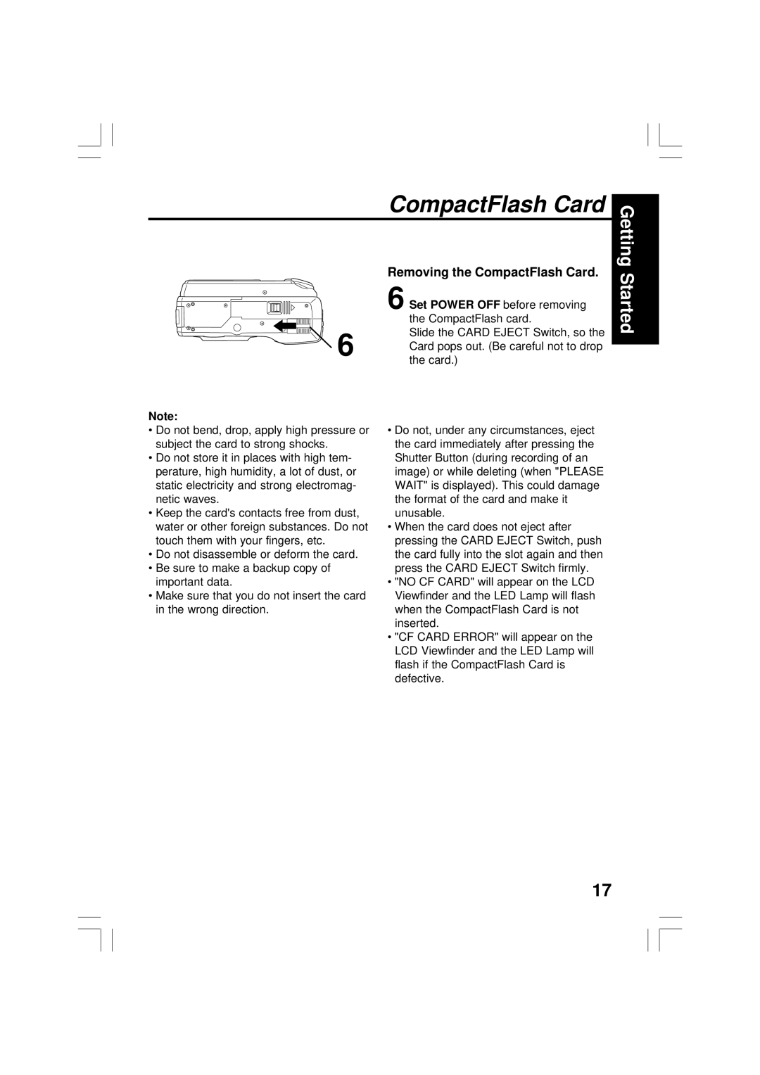 Panasonic PV-DC2090, PV-DC2590 operating instructions Getting, Set Power OFF before removing the CompactFlash card 