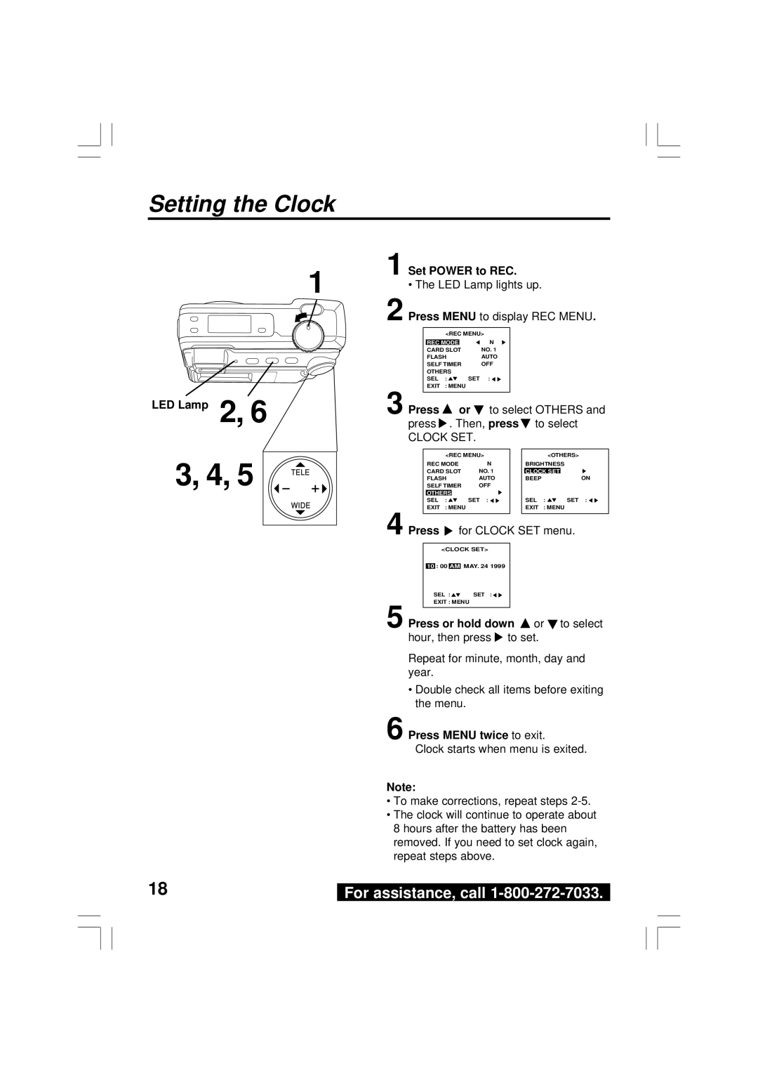 Panasonic PV-DC2590, PV-DC2090 Setting the Clock, LED Lamp 2 Set Power to REC, Press Menu twice to exit 