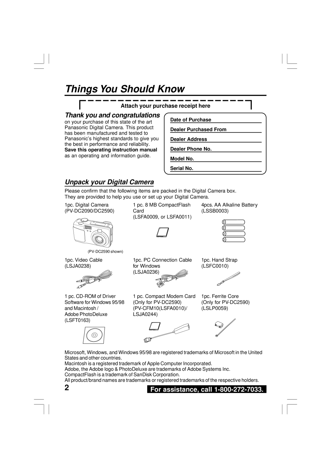 Panasonic PV-DC2590, PV-DC2090 operating instructions Things You Should Know, For assistance, call 