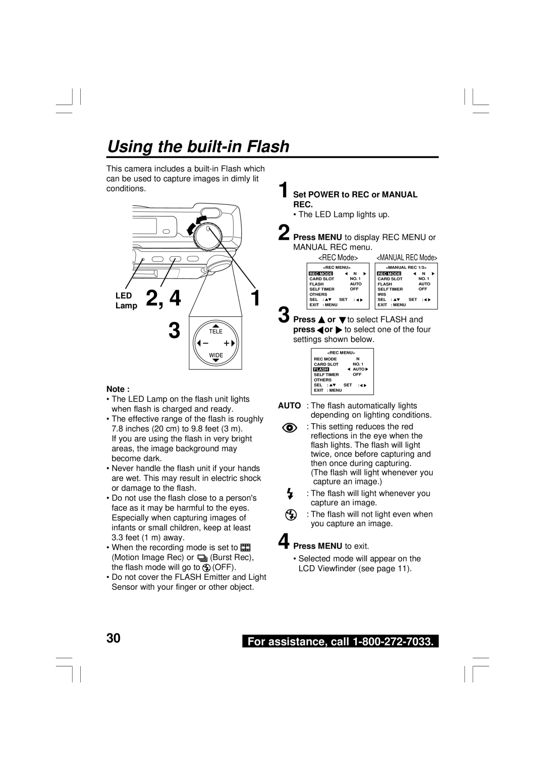 Panasonic PV-DC2590, PV-DC2090 operating instructions Using the built-in Flash, Manual REC menu REC Mode 