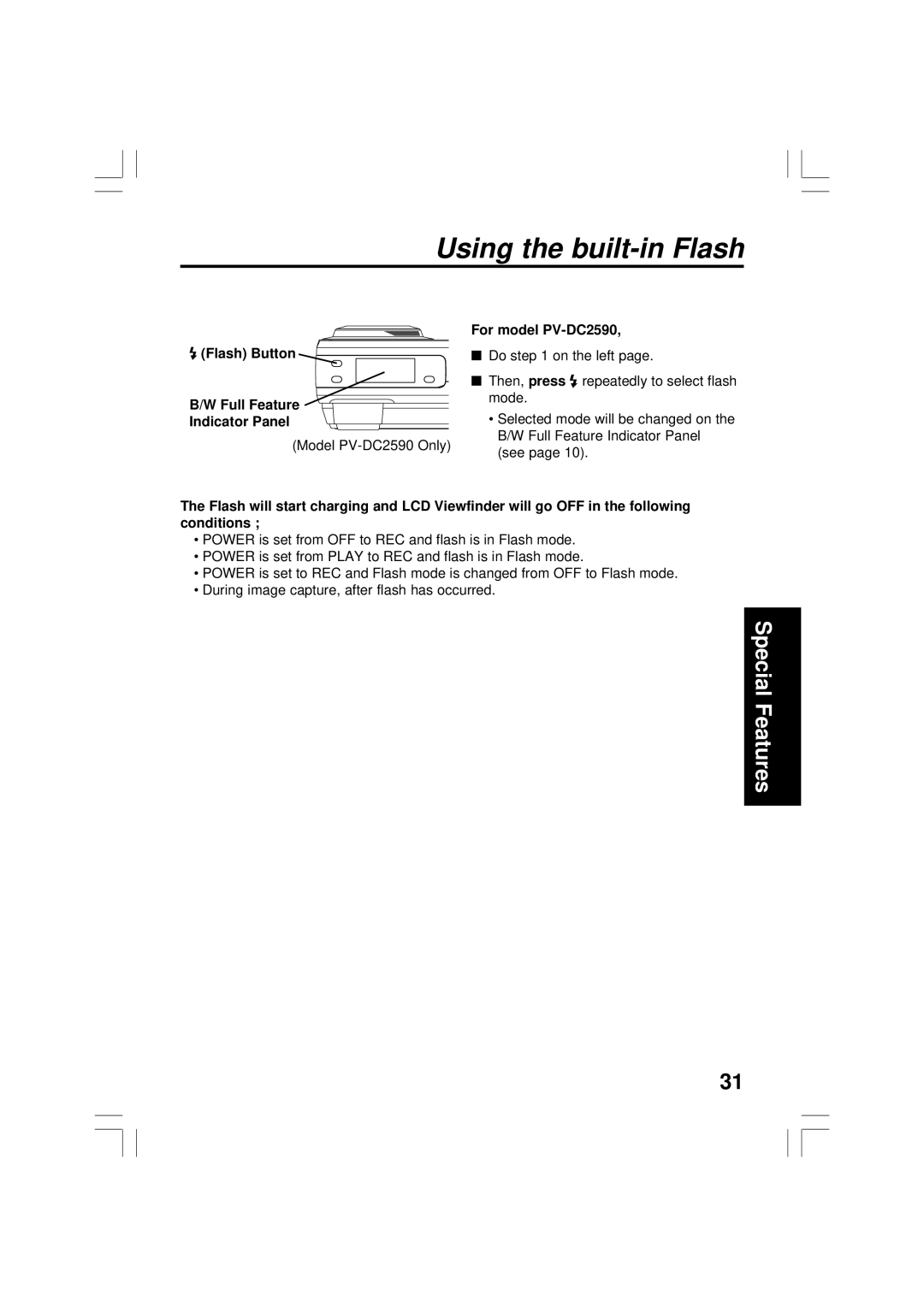 Panasonic PV-DC2090 operating instructions Flash Button Full Feature Indicator Panel, For model PV-DC2590 