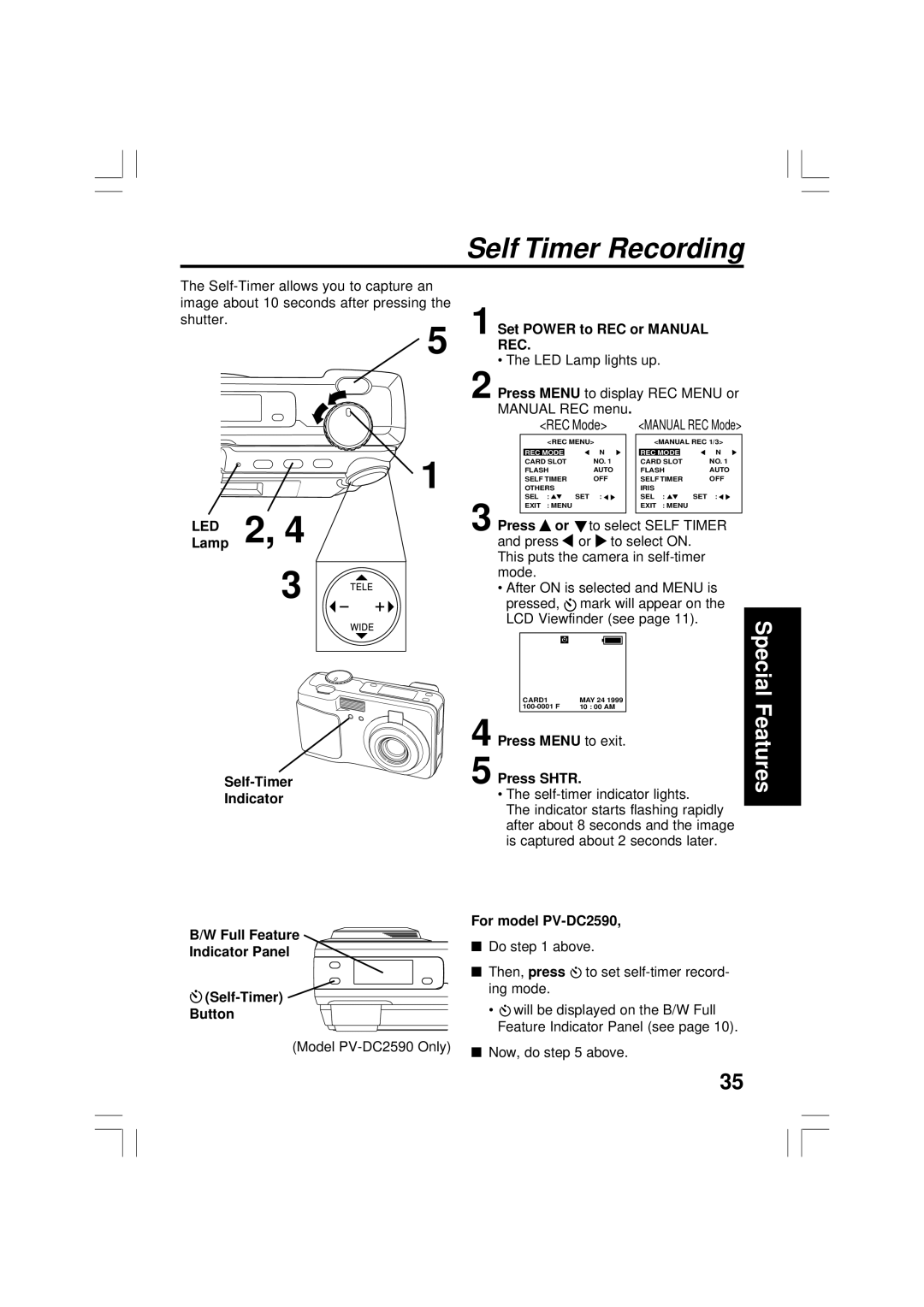 Panasonic PV-DC2090 Self Timer Recording, Press To select Self Timer To select on, Press Menu to exit Press Shtr 