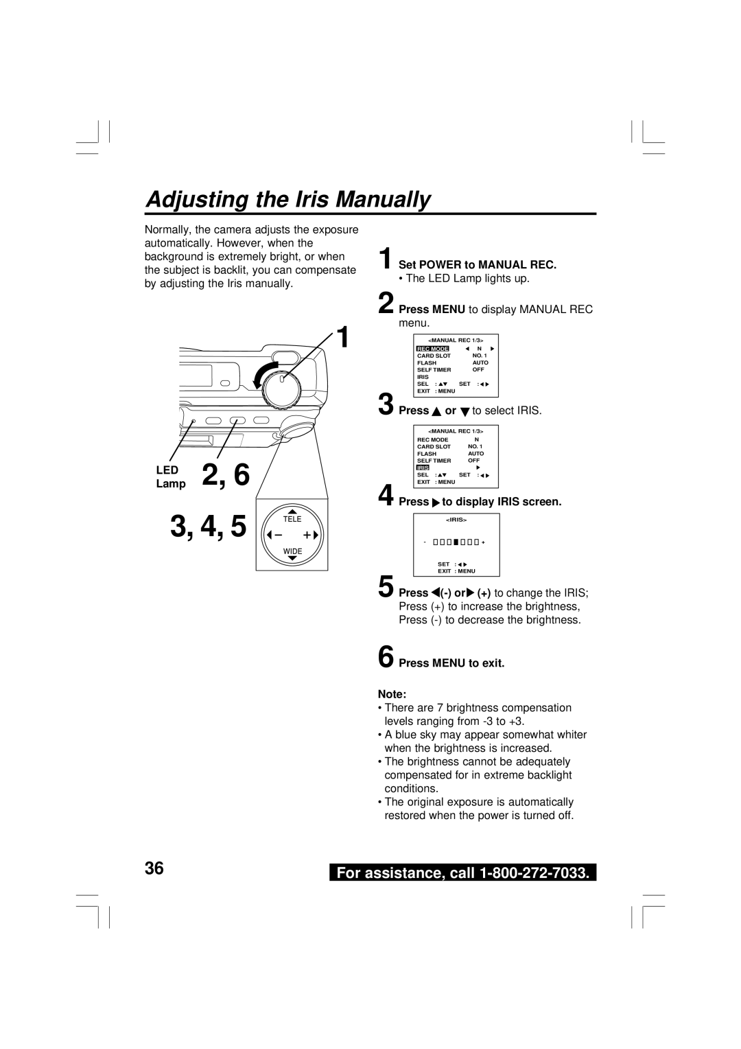 Panasonic PV-DC2590, PV-DC2090 Adjusting the Iris Manually, To select Iris, Press to display Iris screen 