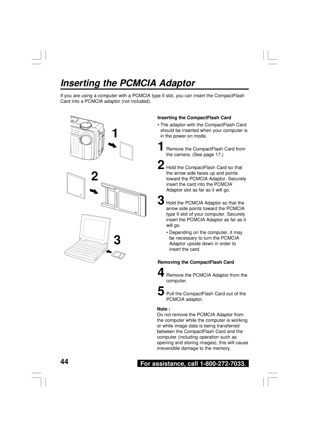 Panasonic PV-DC2590 Inserting the Pcmcia Adaptor, Inserting the CompactFlash Card, Removing the CompactFlash Card 