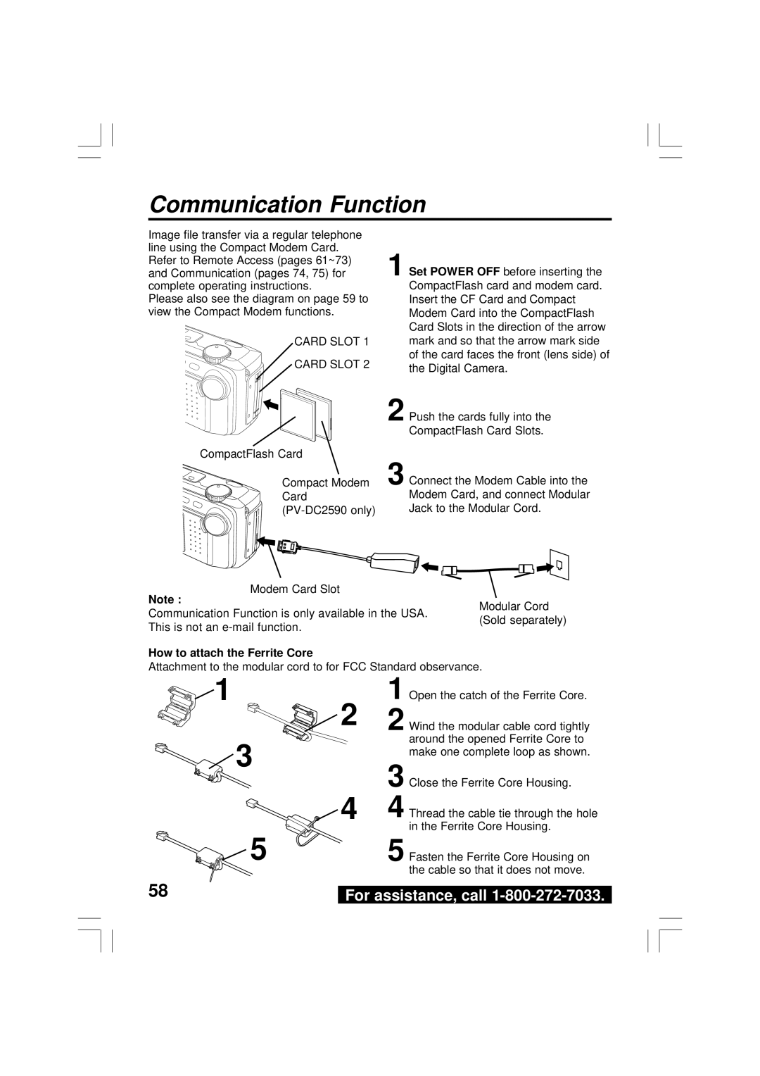 Panasonic PV-DC2590, PV-DC2090 operating instructions Communication Function, How to attach the Ferrite Core 