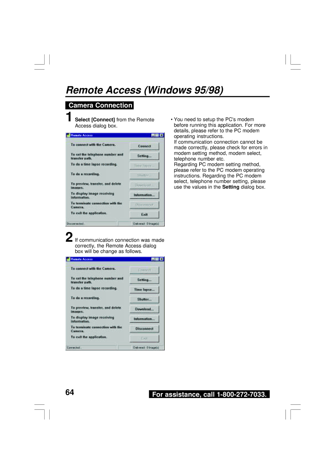 Panasonic PV-DC2590, PV-DC2090 operating instructions Camera Connection, Select Connect from the Remote Access dialog box 