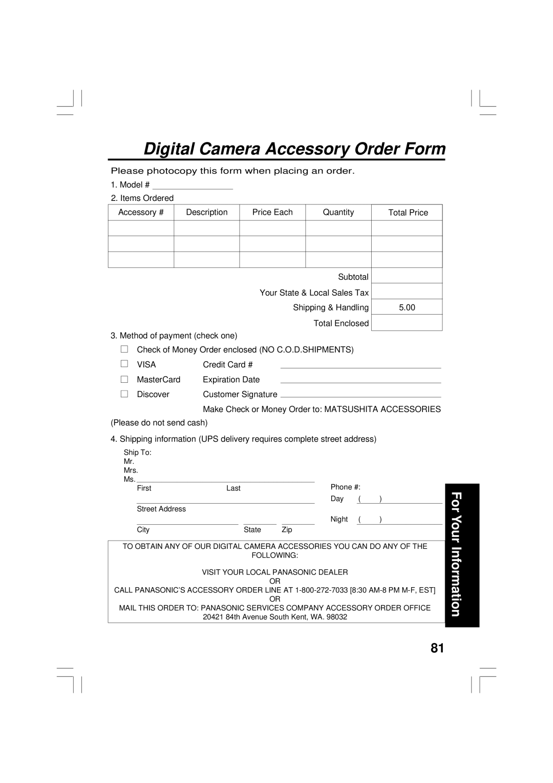 Panasonic PV-DC2090, PV-DC2590 operating instructions Digital Camera Accessory Order Form, Visa 