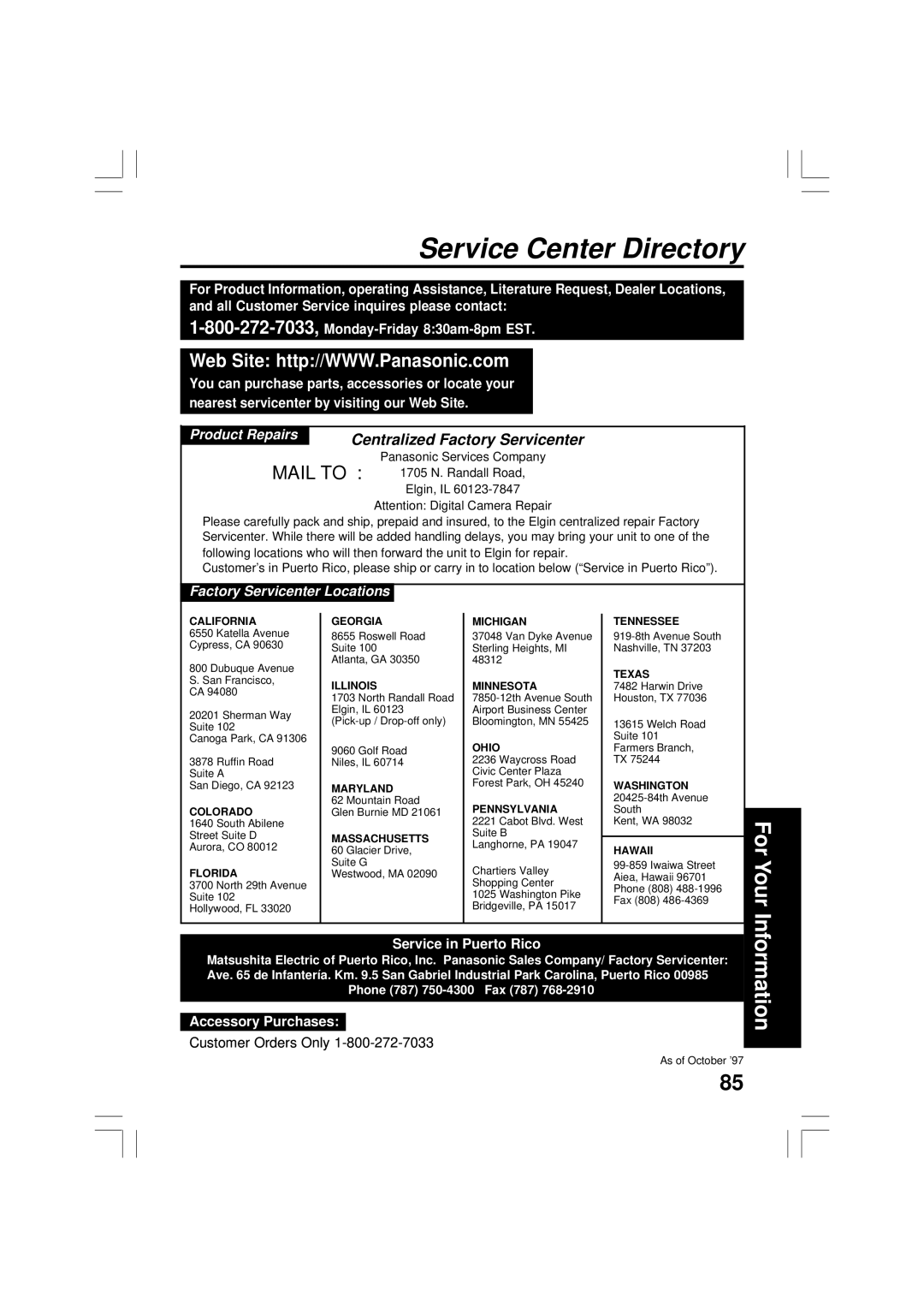 Panasonic PV-DC2090, PV-DC2590 operating instructions Service Center Directory, Centralized Factory Servicenter 