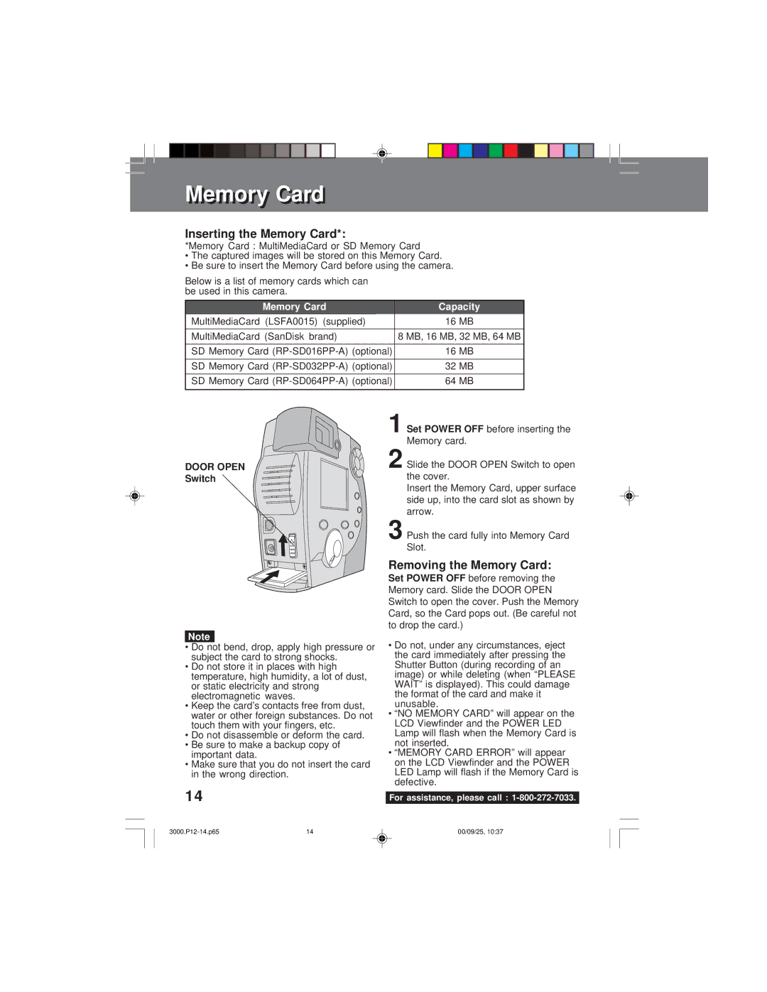 Panasonic PV-DC3000 operating instructions MemoryMemory CardCard, Door Open, Switch, Set Power OFF 