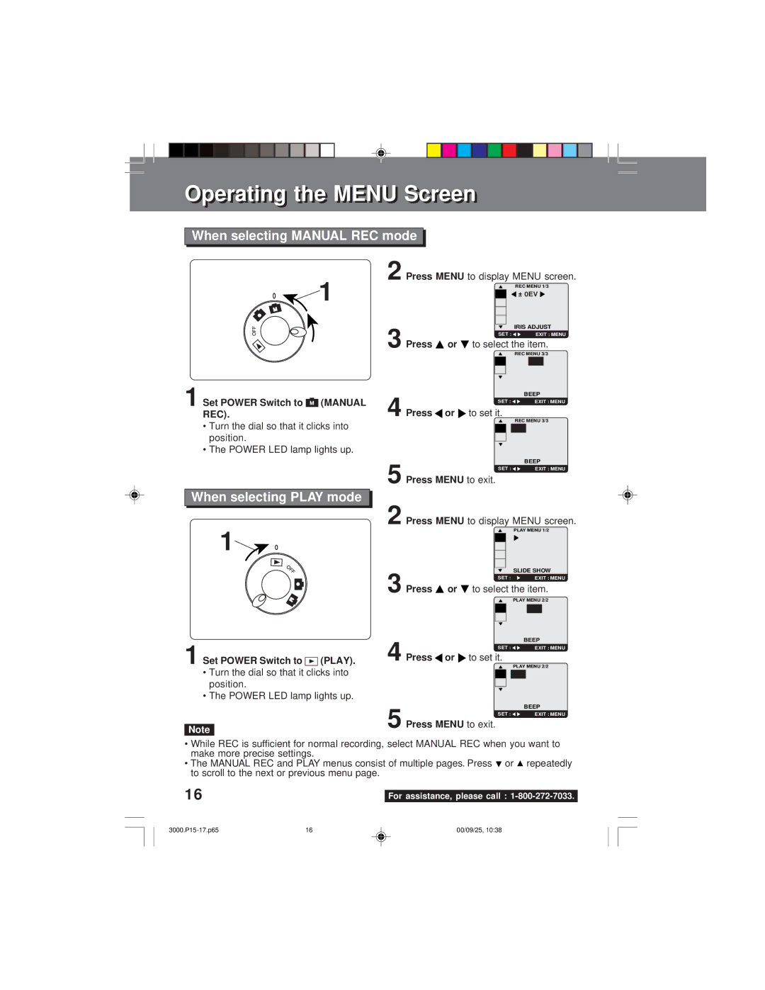 Panasonic PV-DC3000 OperatingOperating thet e Menum NU Screencreen, When selecting Manual REC mode, Play 