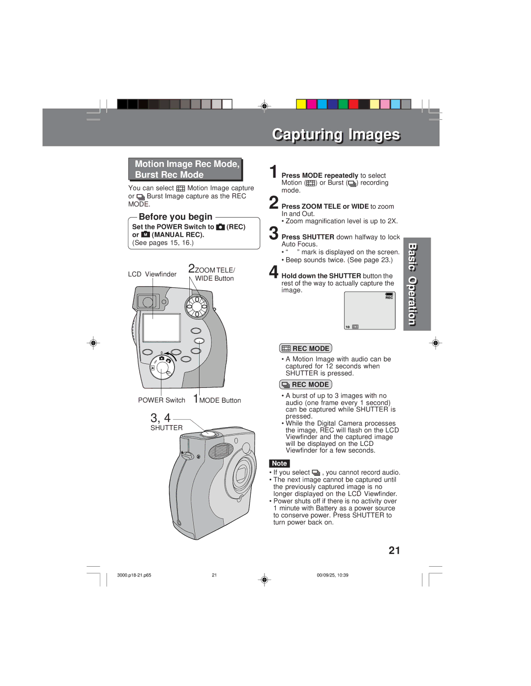 Panasonic PV-DC3000 Motion Image Rec Mode Burst Rec Mode, Press Shutter, Hold down the Shutter, REC Mode 