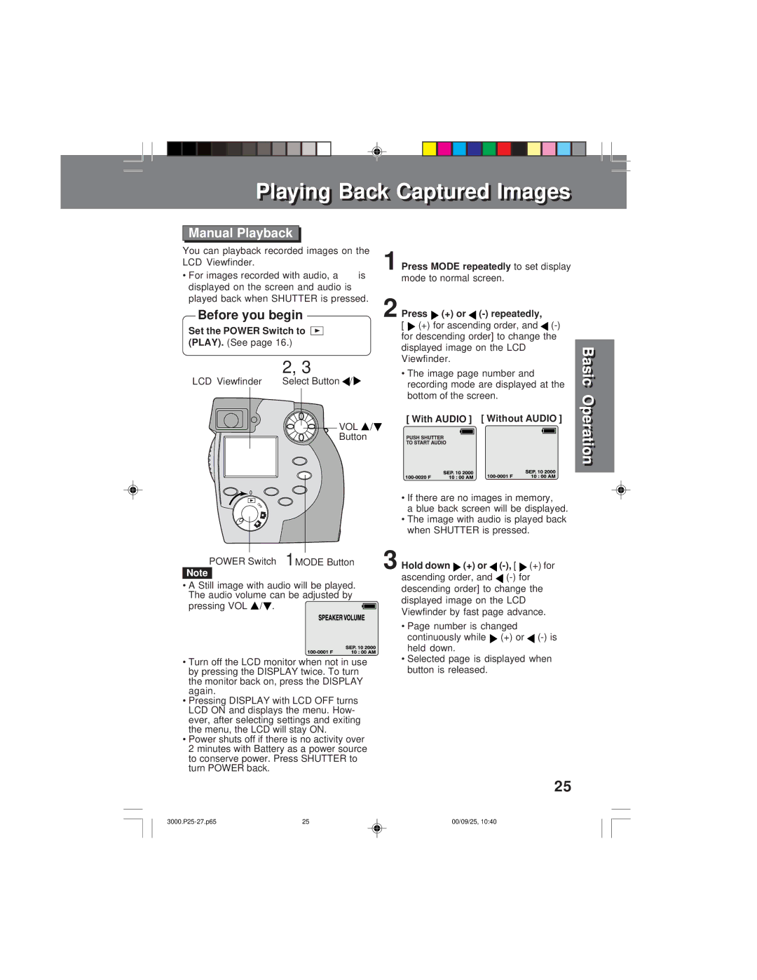 Panasonic PV-DC3000 operating instructions Manual Playback 