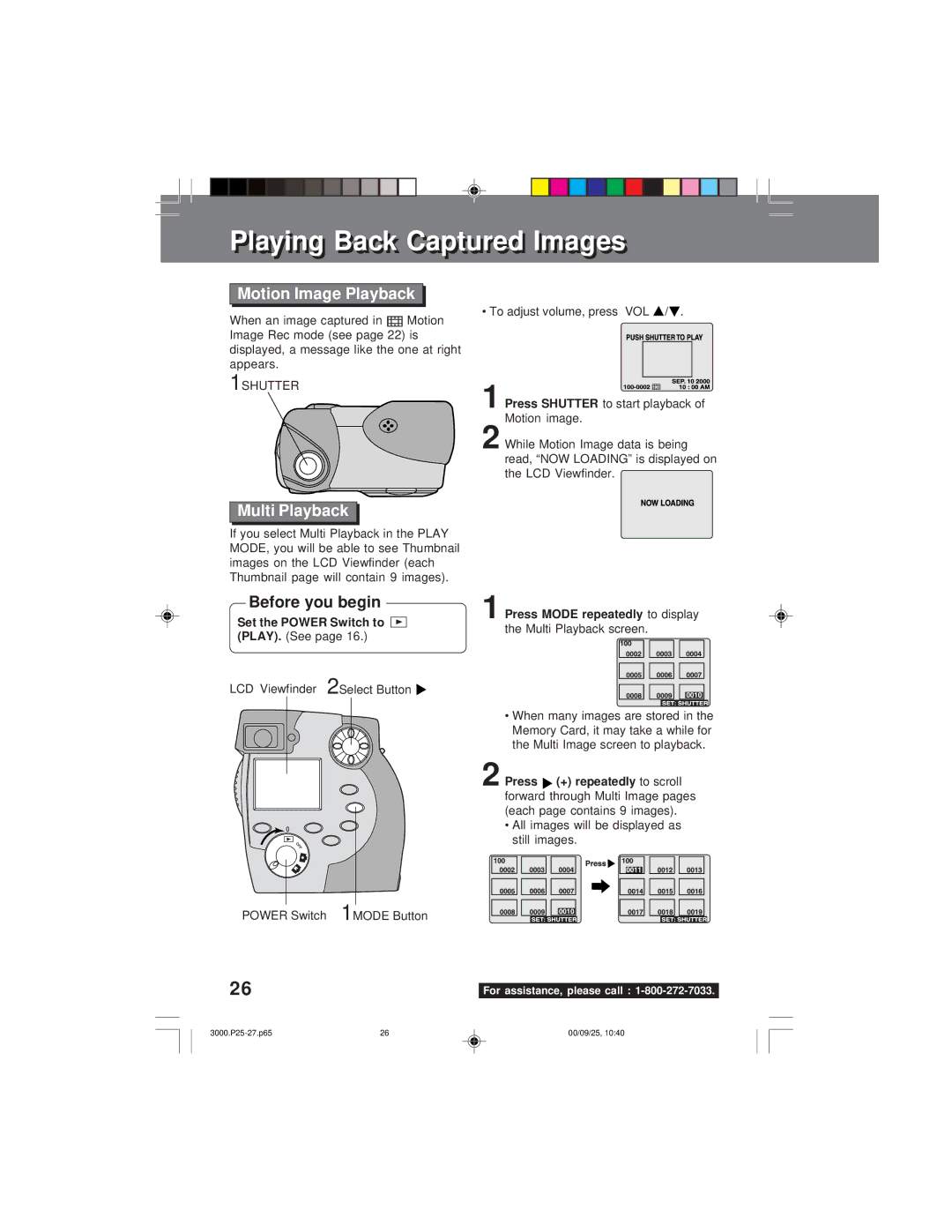 Panasonic PV-DC3000 operating instructions Motion Image Playback, Multi Playback, 1SHUTTER, Motion image, + repeatedly 