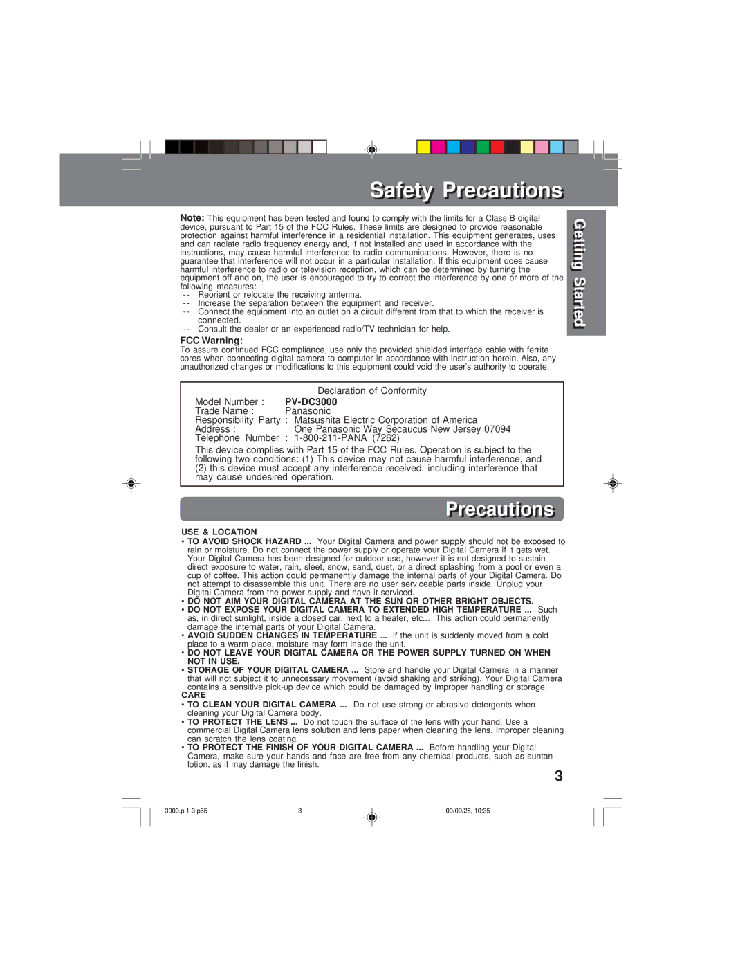 Panasonic PV-DC3000 operating instructions FCC Warning 