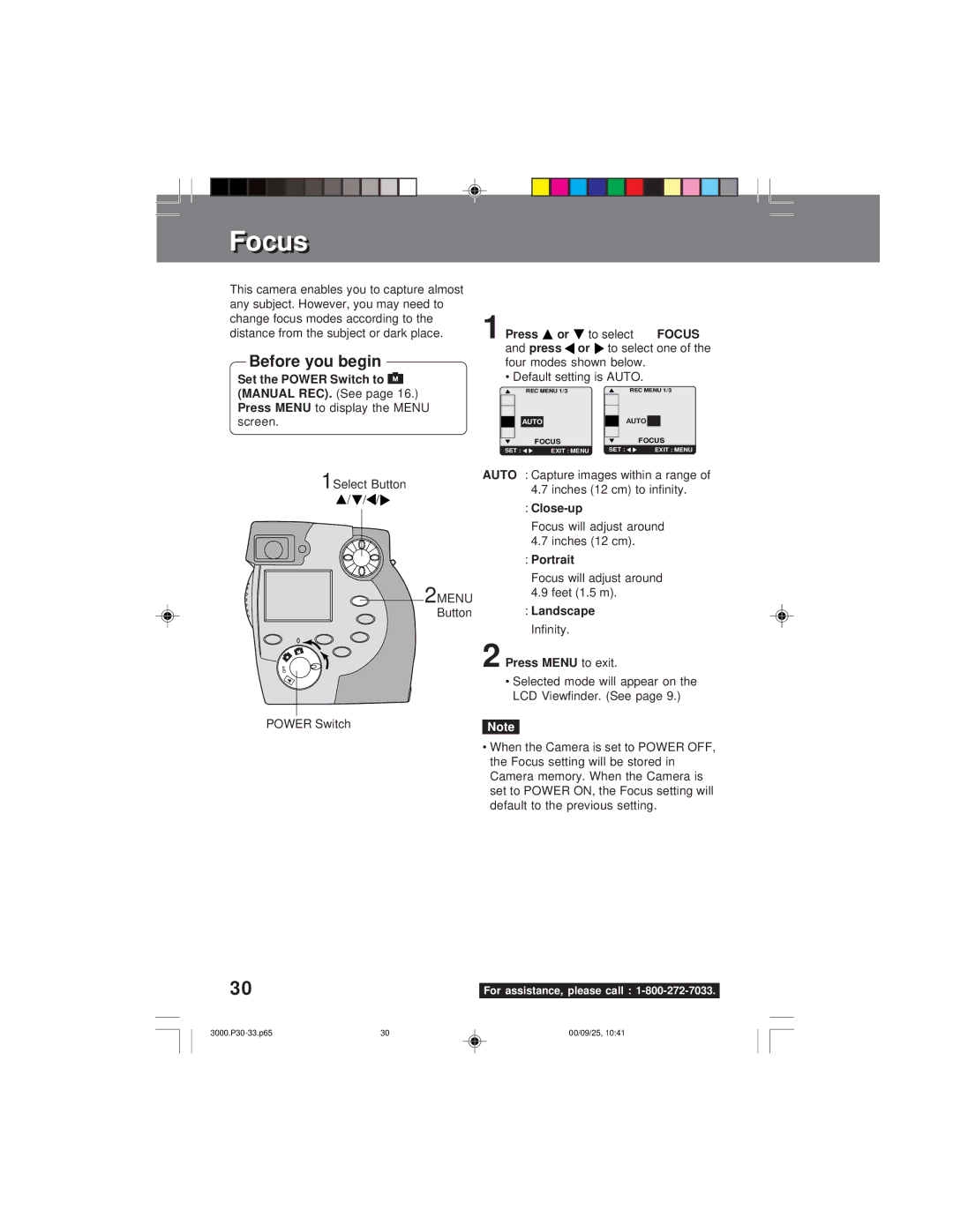 Panasonic PV-DC3000 operating instructions FocusFoc s, Menu, Close-up, Portrait, Landscape 