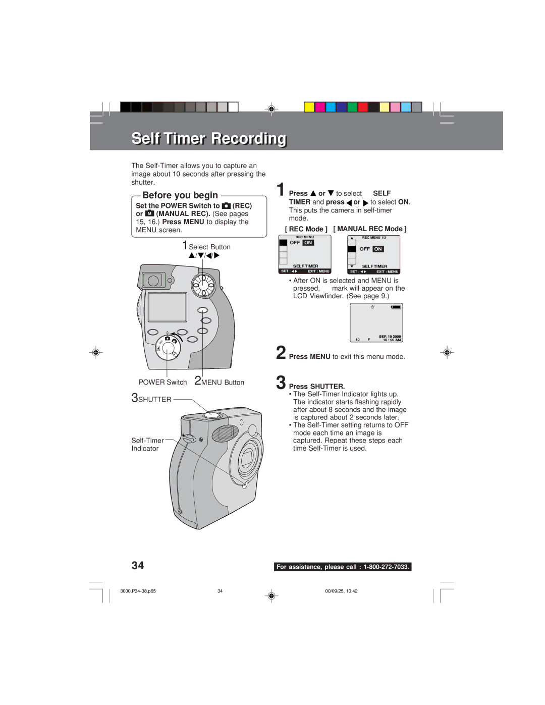 Panasonic PV-DC3000 Menu screen 1Select Button Power Switch, 3SHUTTER, Self-Timer Indicator, Timer Press, Pressed 