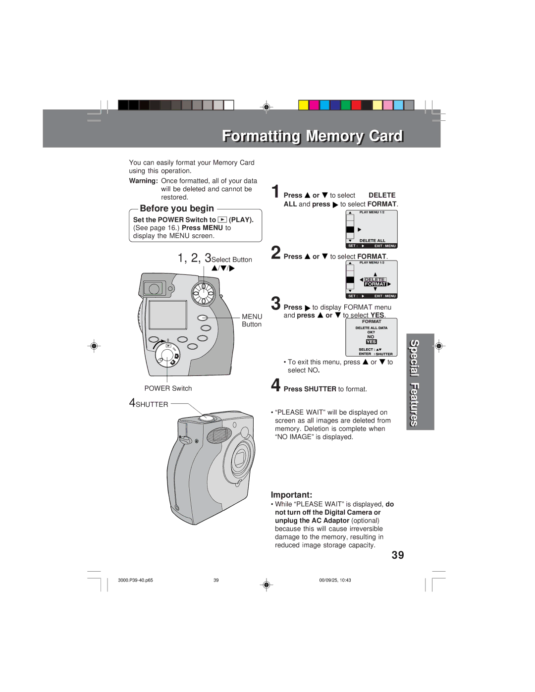 Panasonic PV-DC3000 operating instructions See Press Menu Display the Menu screen, Format, Select no, Unplug the AC Adaptor 