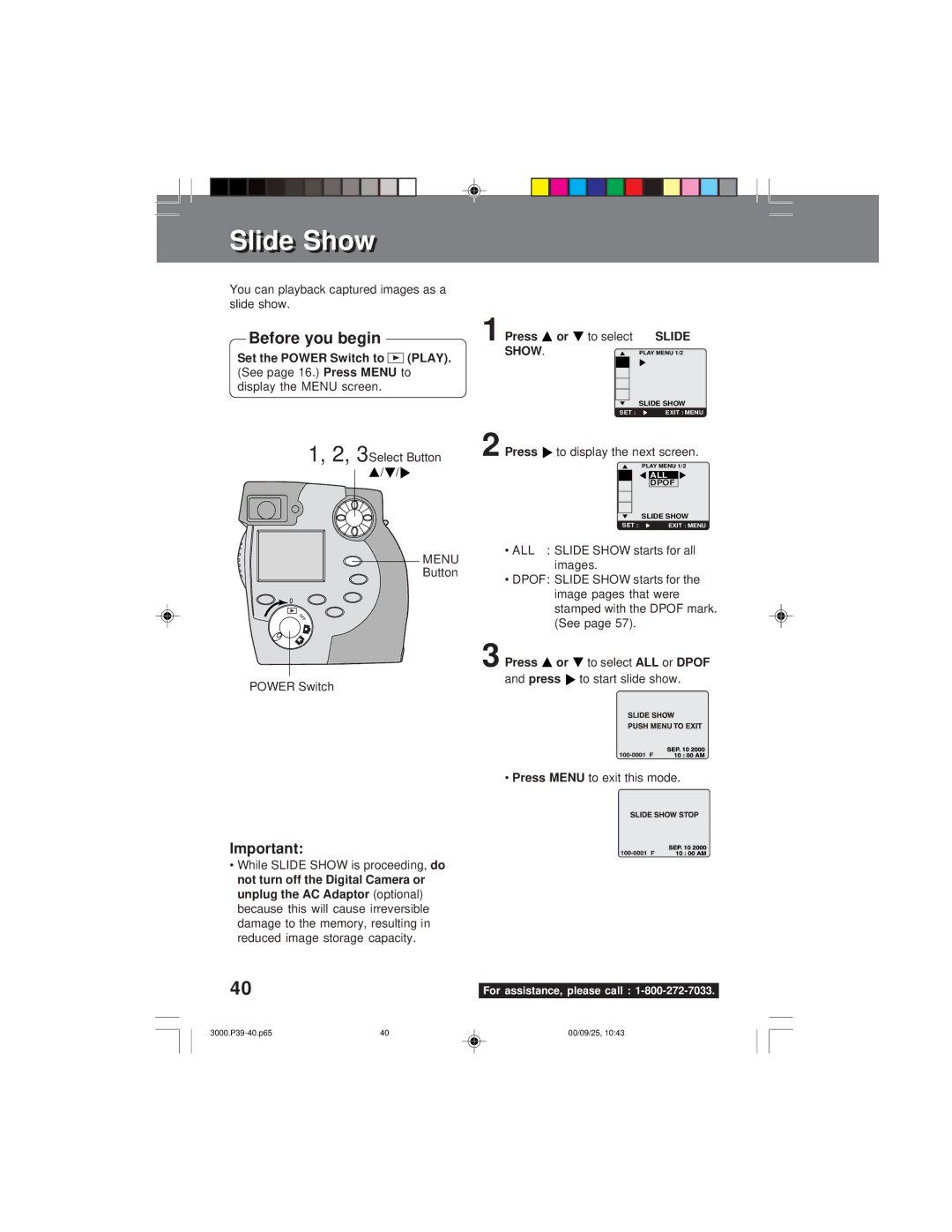 Panasonic PV-DC3000 operating instructions Slidelide Showow, All, Slide Show starts for all 