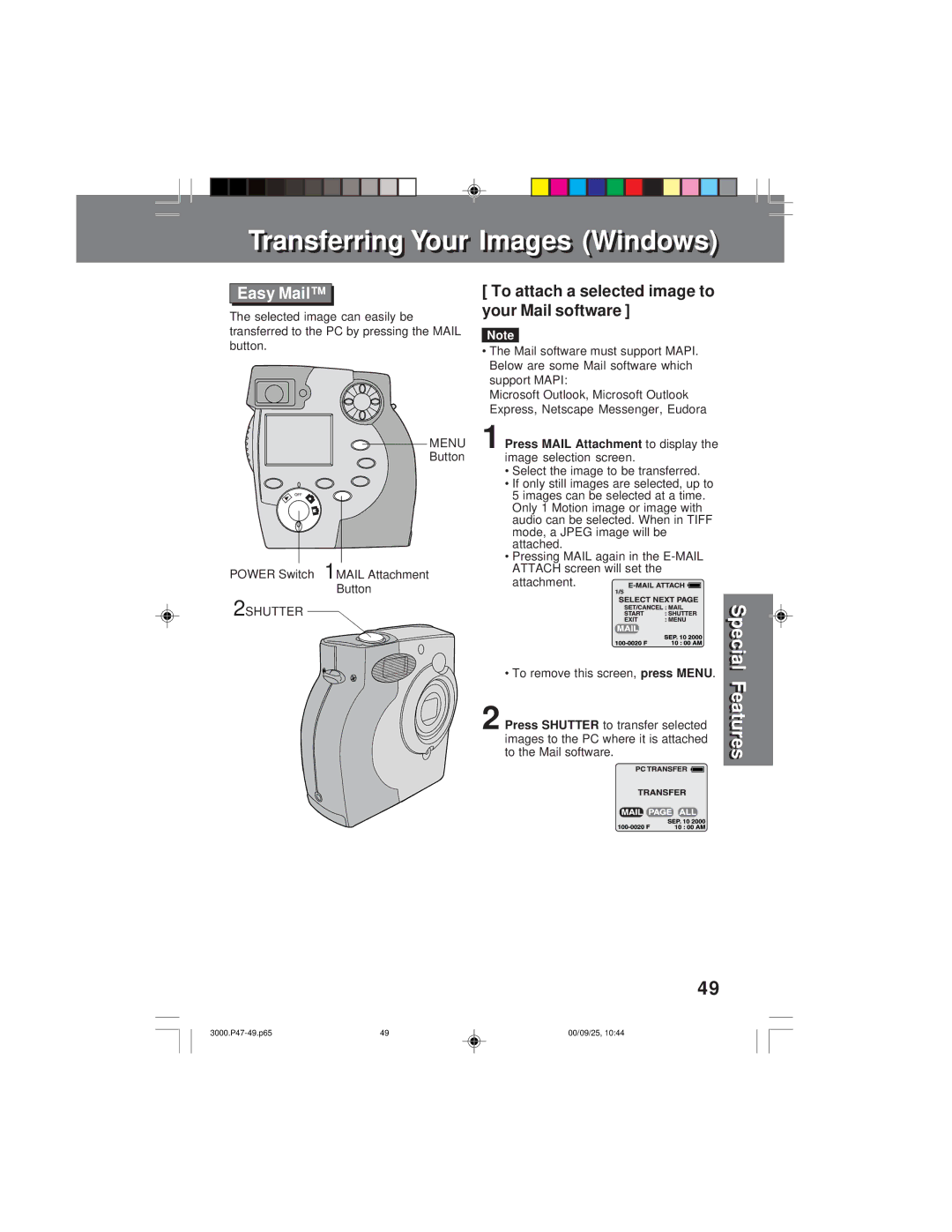 Panasonic PV-DC3000 operating instructions Easy Mail, To attach a selected image to your Mail software, Mail Attachment 