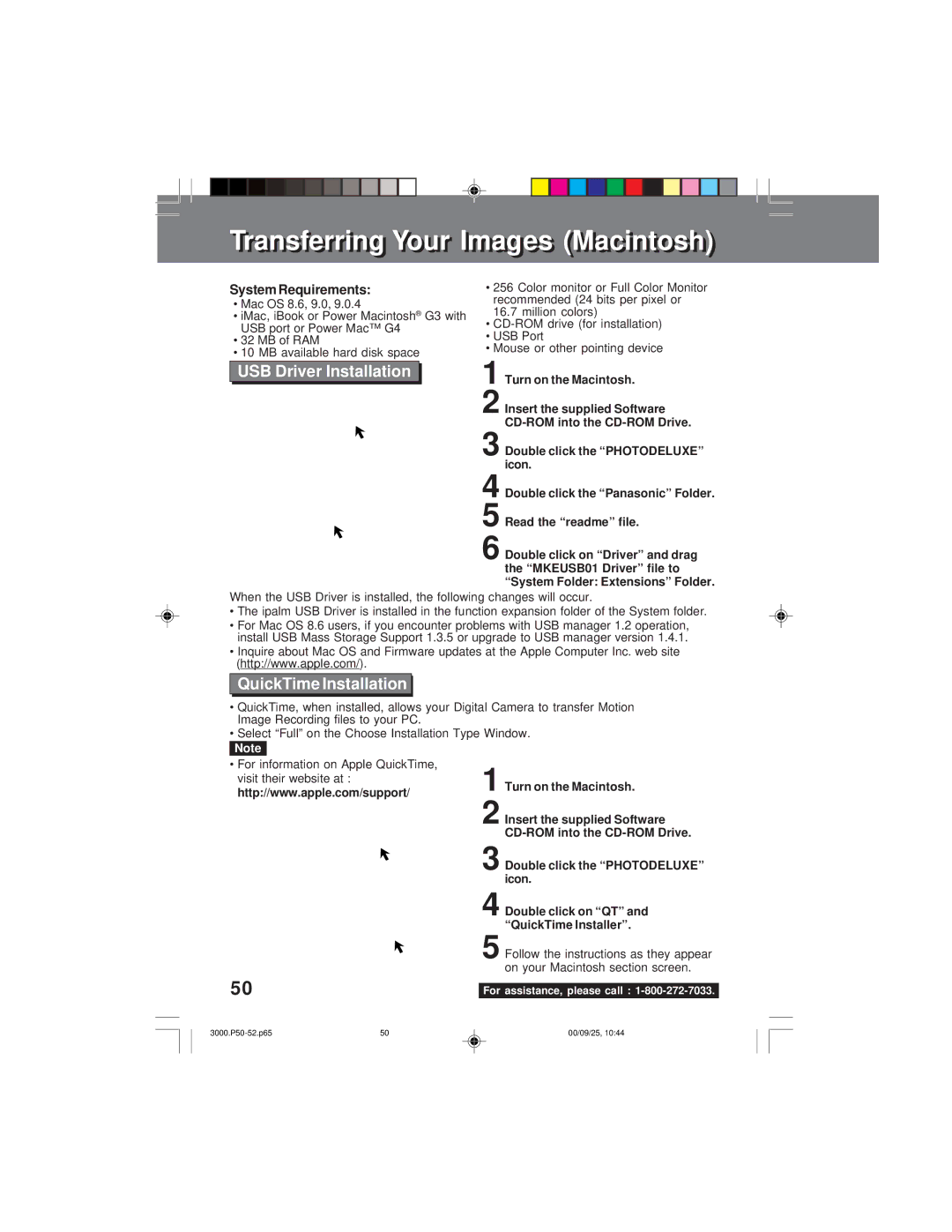 Panasonic PV-DC3000 operating instructions USB Driver Installation, QuickTime Installation, Turn on the Macintosh 