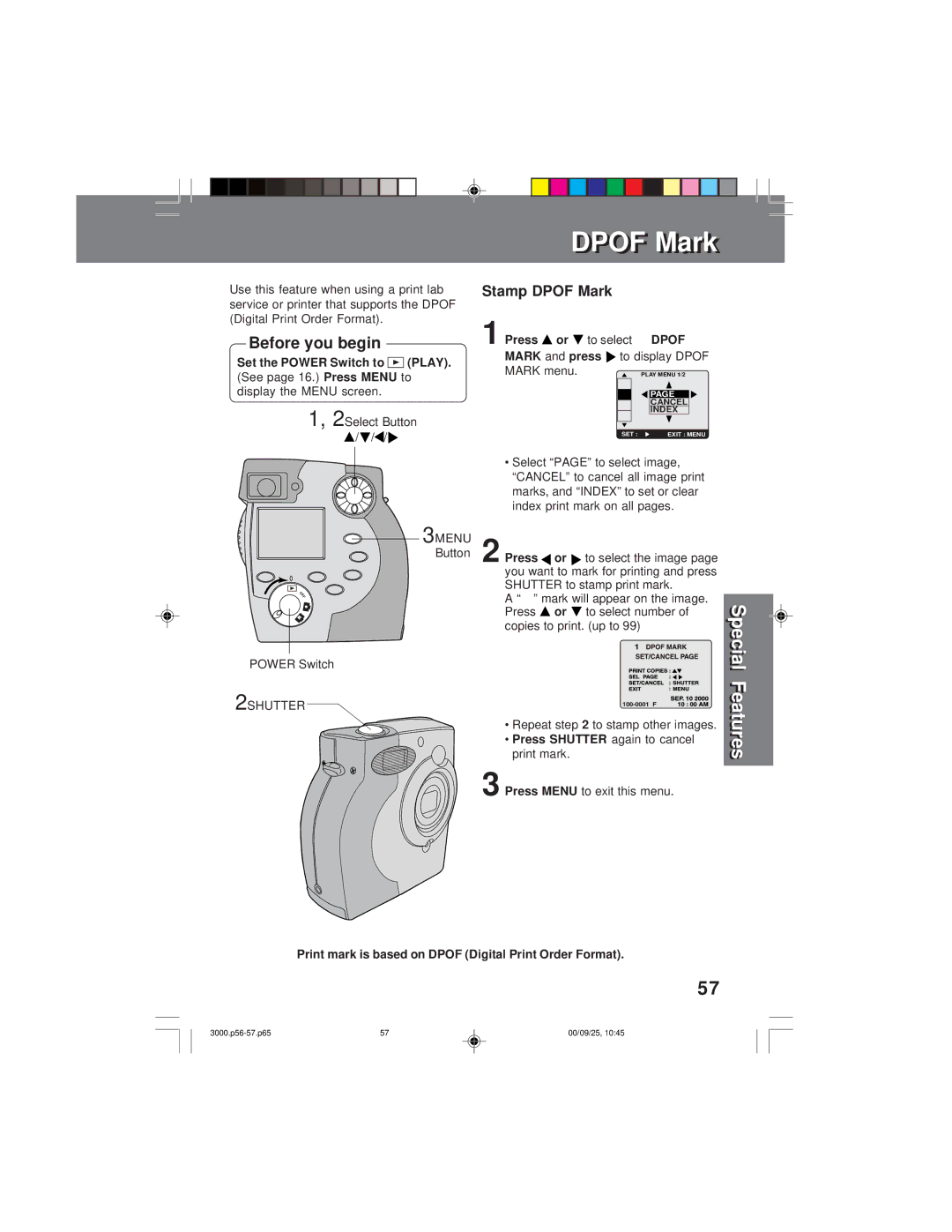 Panasonic PV-DC3000 operating instructions Mark, Print mark is based on Dpof Digital Print Order Format 