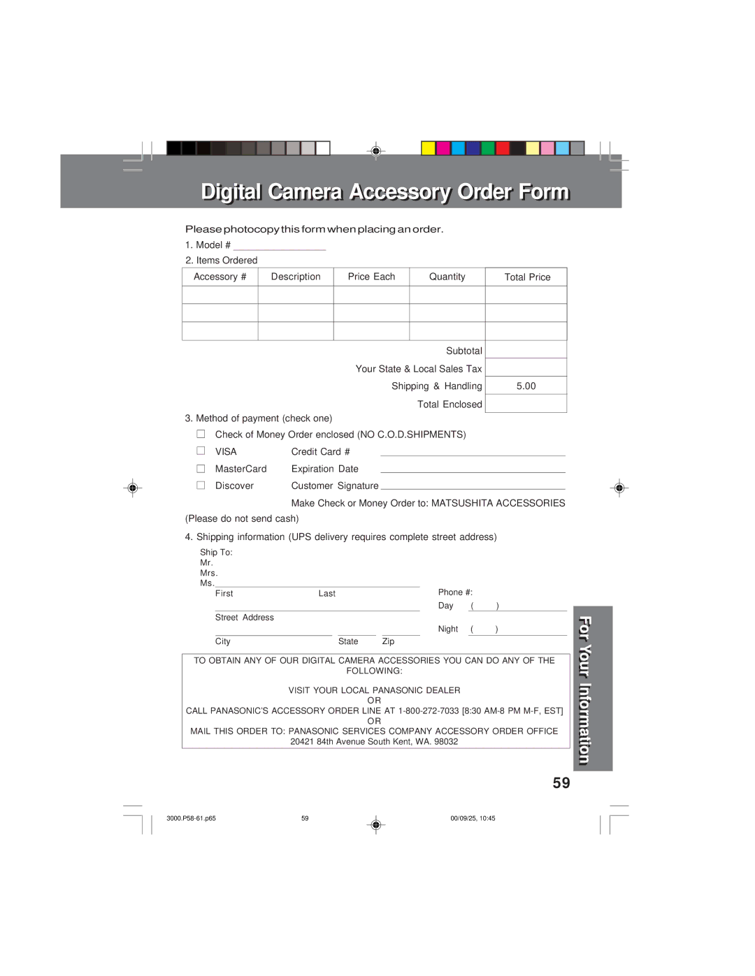 Panasonic PV-DC3000 operating instructions Subtotal, Method of payment check one, Visa 