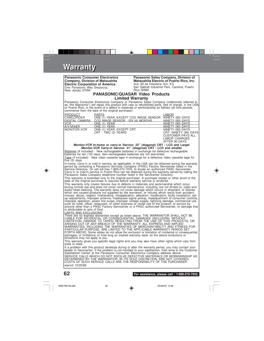 Panasonic PV-DC3000 operating instructions Warrantyarranty, Panasonic Consumer Electronics, Company, Division of Matsushita 