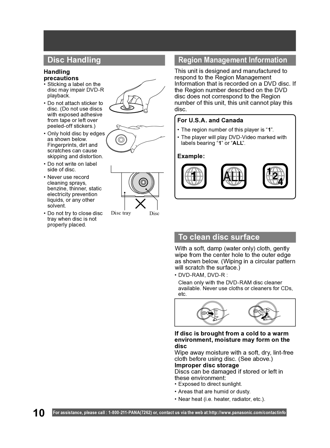 Panasonic PV DF2004, PV DF2704 manual Disc Handling, Region Management Information, To clean disc surface 