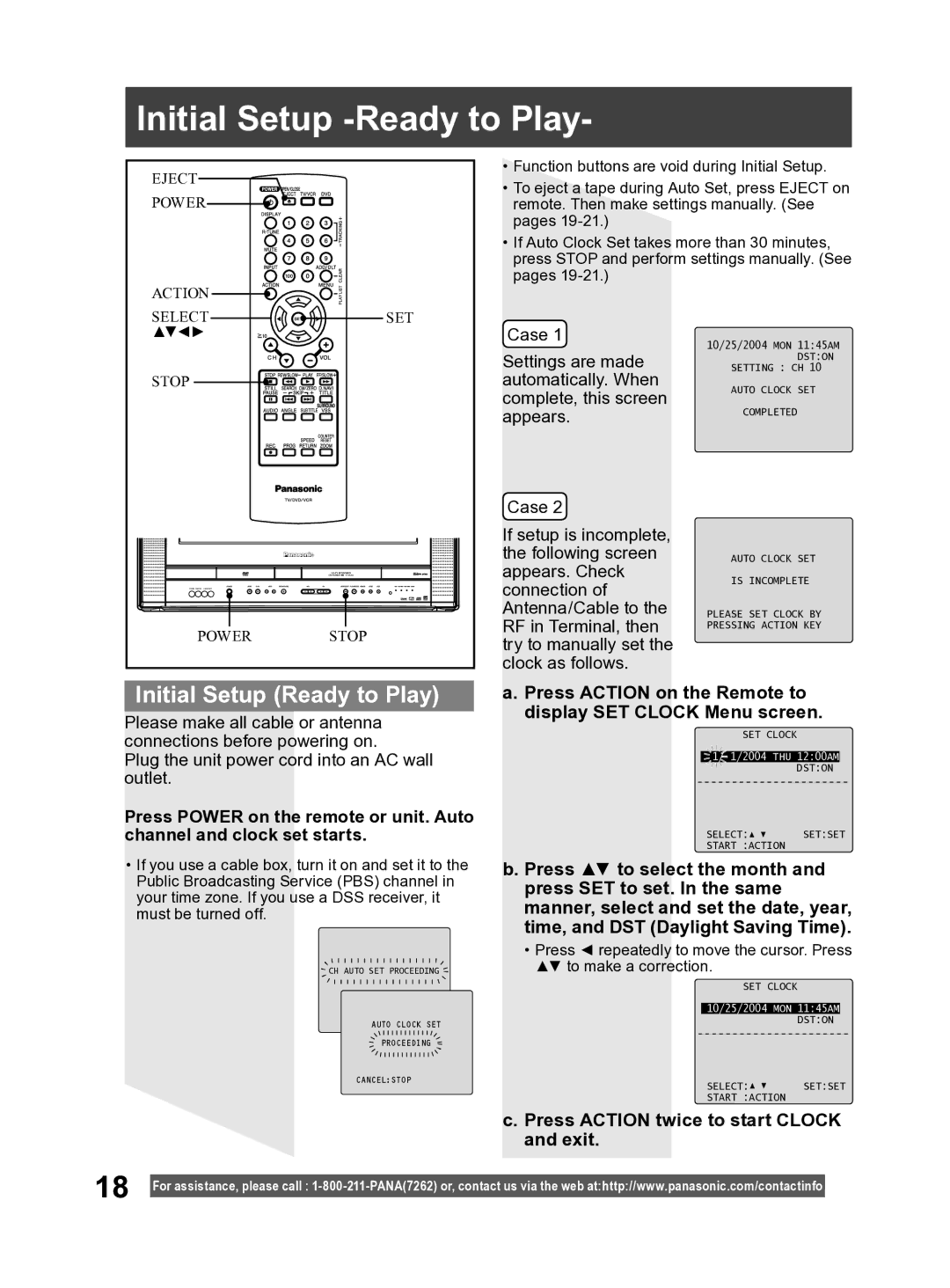 Panasonic PV DF2004 Initial Setup -Ready to Play, Initial Setup Ready to Play, Press Action twice to start Clock and exit 