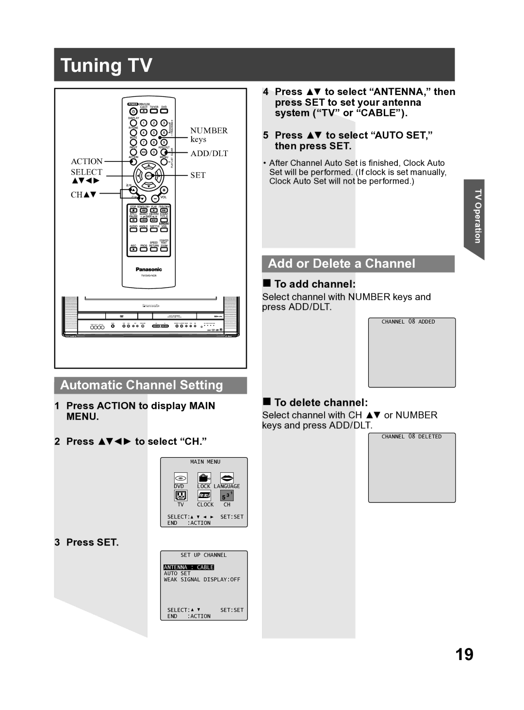 Panasonic PV DF2704, PV DF2004 manual Tuning TV, Automatic Channel Setting, Add or Delete a Channel 