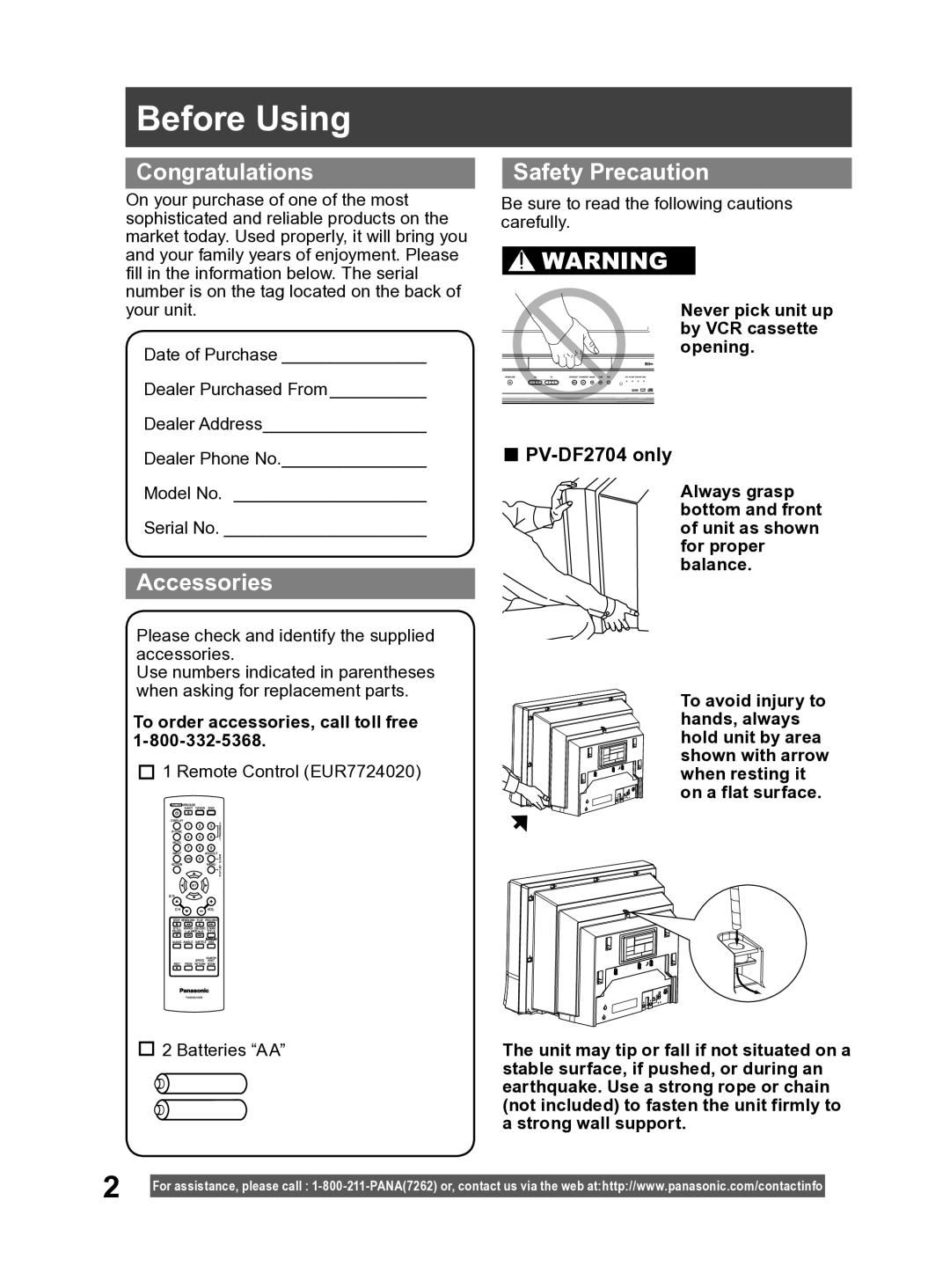 Panasonic PV DF2004, PV DF2704 manual Before Using, Congratulations, Accessories, Safety Precaution, PV-DF2704 only 