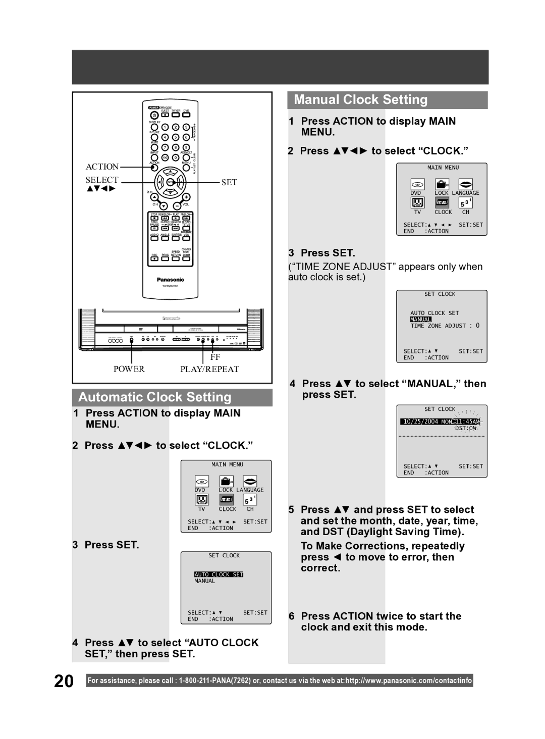 Panasonic PV DF2004 Automatic Clock Setting, Manual Clock Setting, Press Action to display Main Menu Press to select Clock 