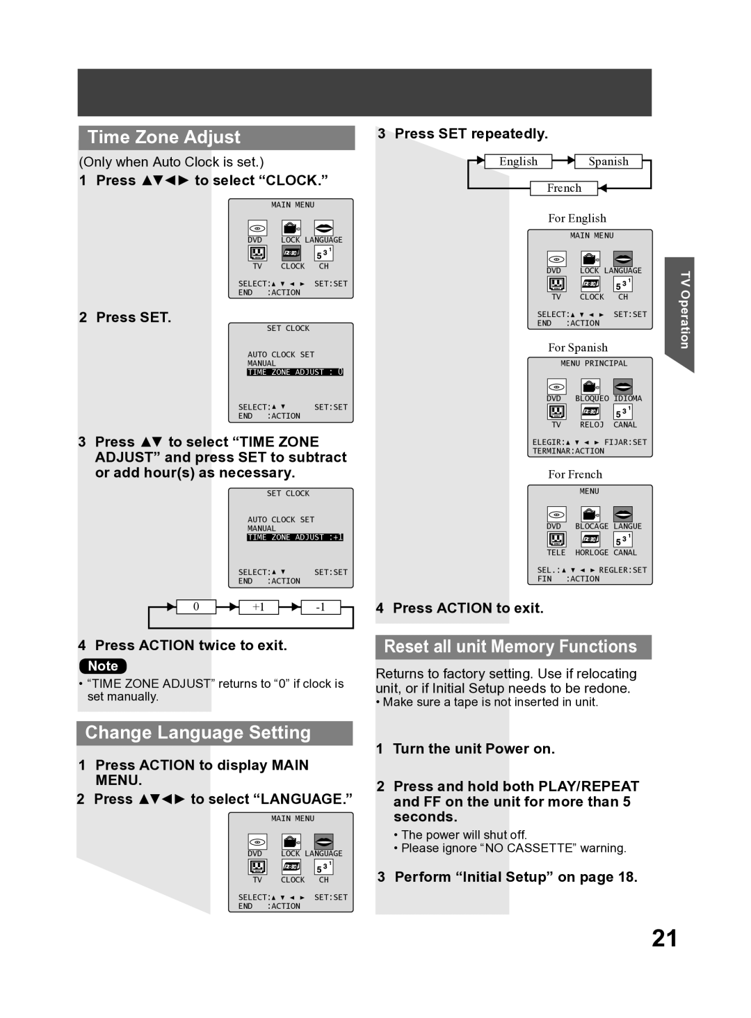 Panasonic PV DF2704, PV DF2004 manual Time Zone Adjust, Change Language Setting, Reset all unit Memory Functions 