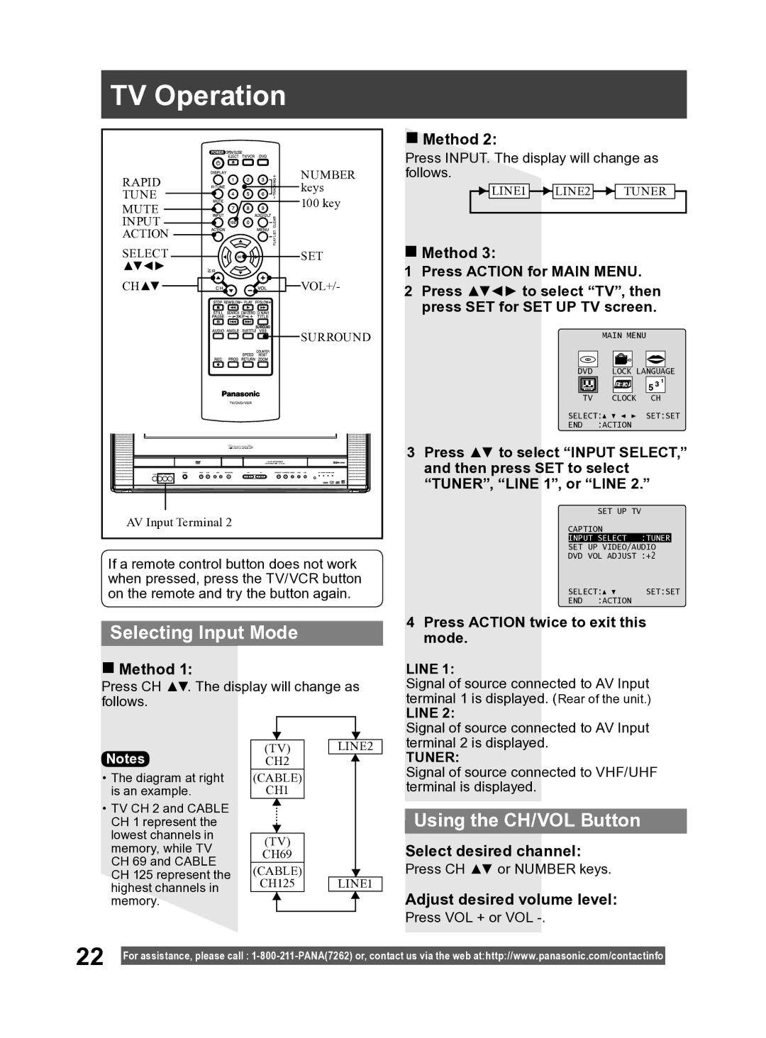 Panasonic PV DF2004, PV DF2704 manual TV Operation, Selecting Input Mode, Using the CH/VOL Button 