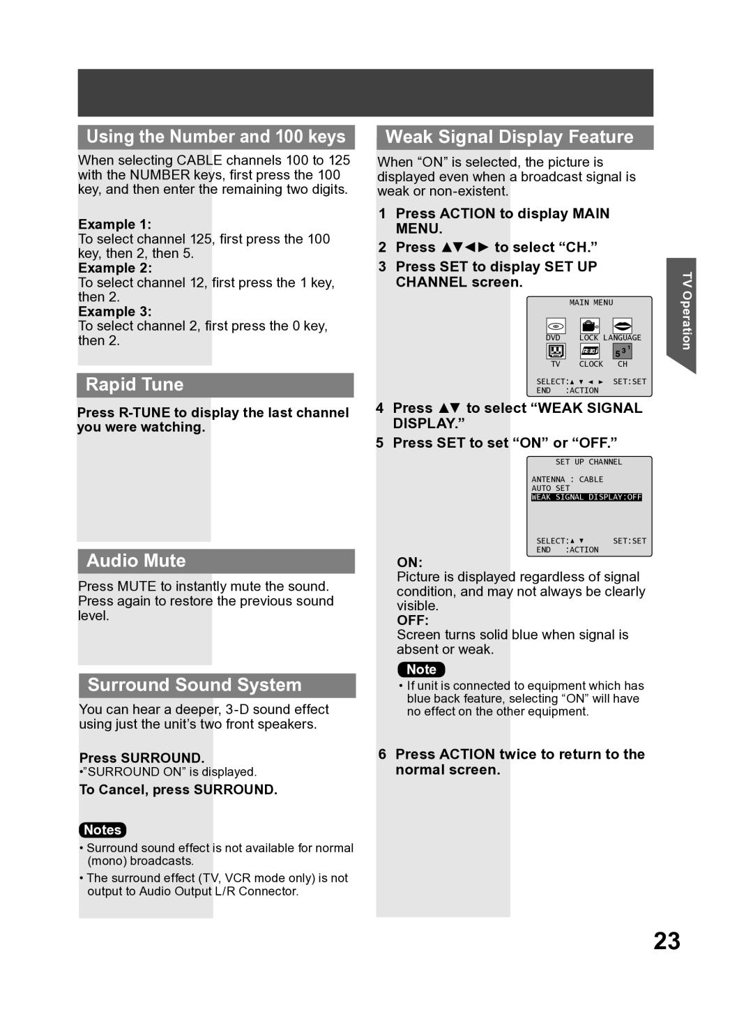 Panasonic PV DF2704, PV DF2004 manual Using the Number and 100 keys, Rapid Tune, Audio Mute, Surround Sound System 