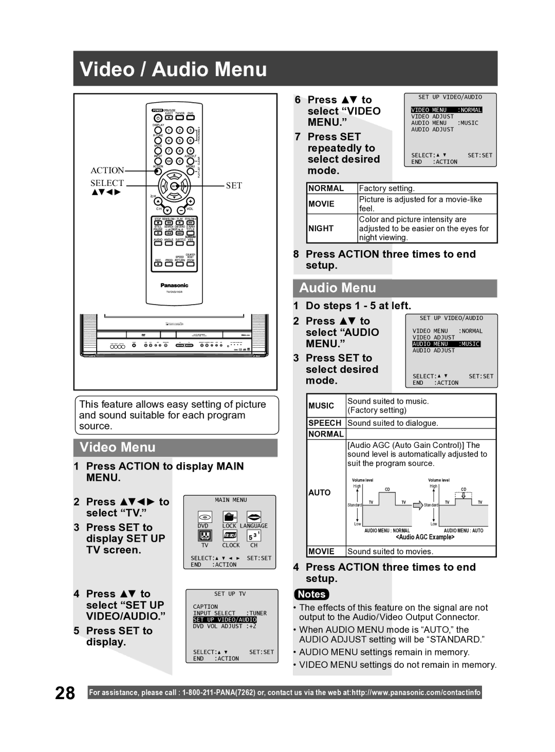 Panasonic PV DF2004, PV DF2704 manual Video / Audio Menu, Video Menu 