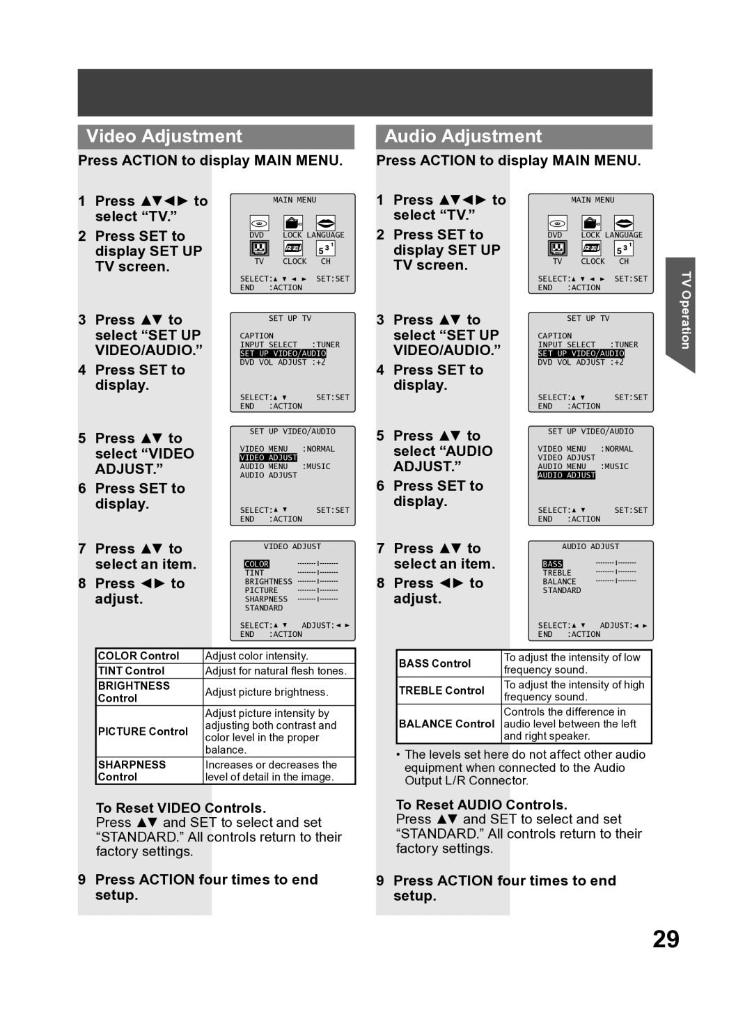 Panasonic PV DF2704, PV DF2004 manual Video Adjustment, Audio Adjustment, Video/Audio 