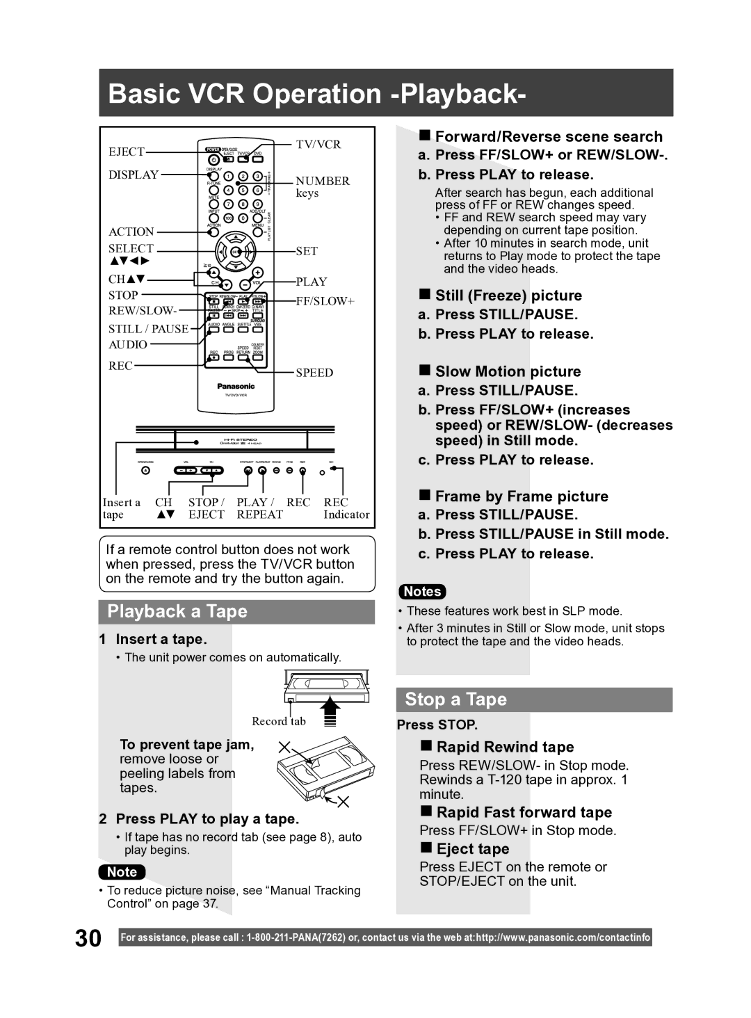 Panasonic PV DF2004, PV DF2704 manual Basic VCR Operation -Playback, Playback a Tape, Stop a Tape 