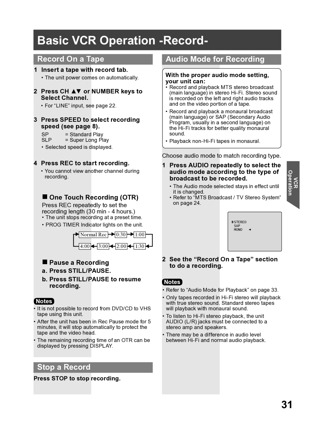 Panasonic PV DF2704, PV DF2004 manual Basic VCR Operation -Record, Record On a Tape, Stop a Record, Audio Mode for Recording 